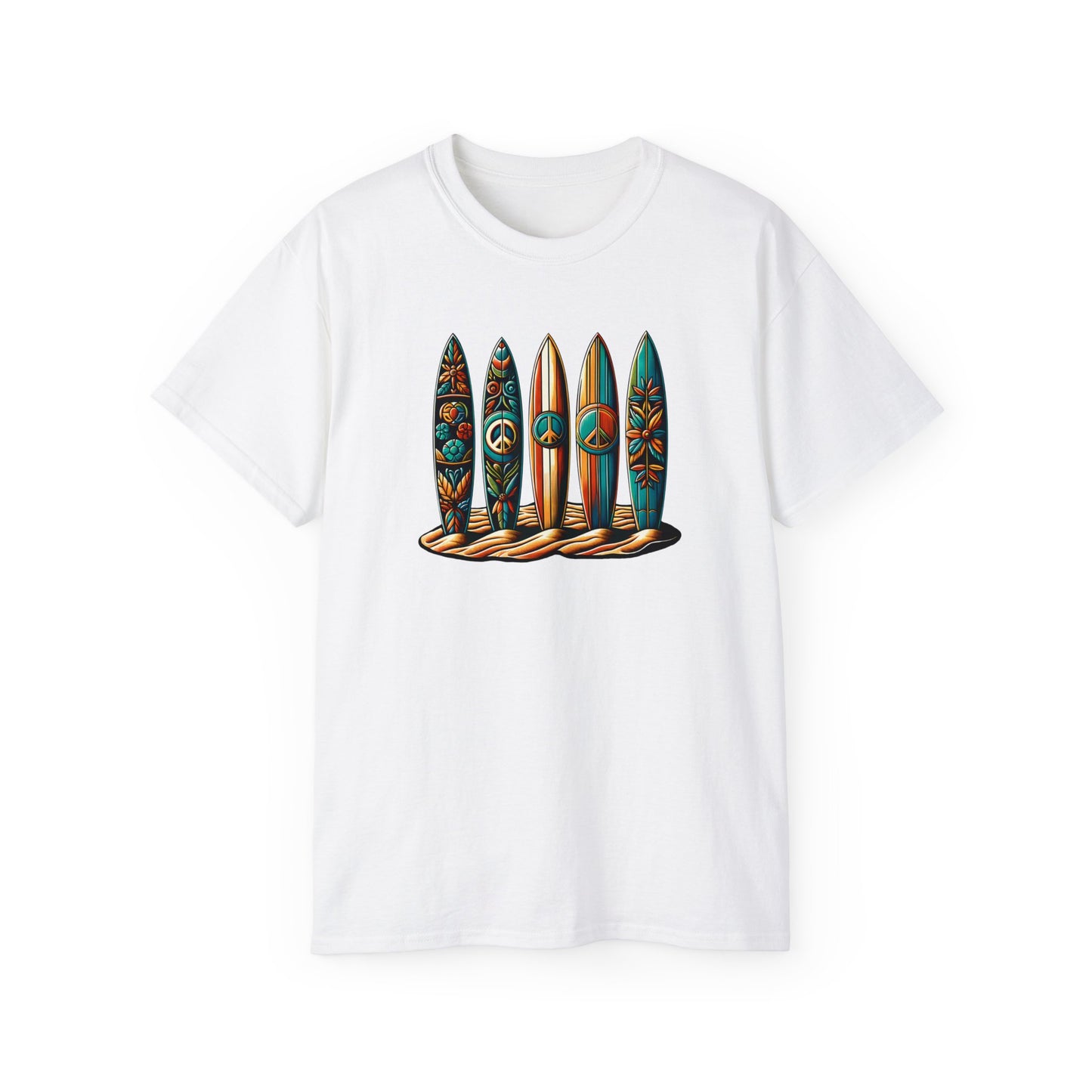 peace please thanks surfboard design white tshirt with peace symbols and floral patterns, embodying surf culture and harmony