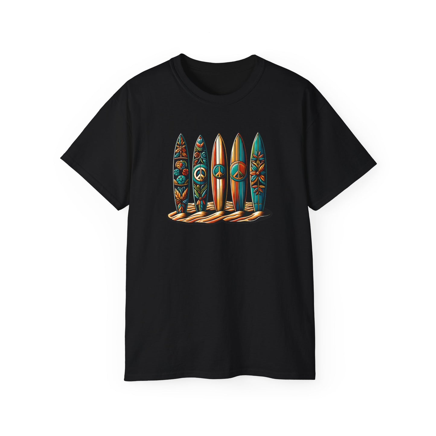 peace please thanks surfboard design black tshirt with peace symbols and floral patterns, embodying surf culture and harmony