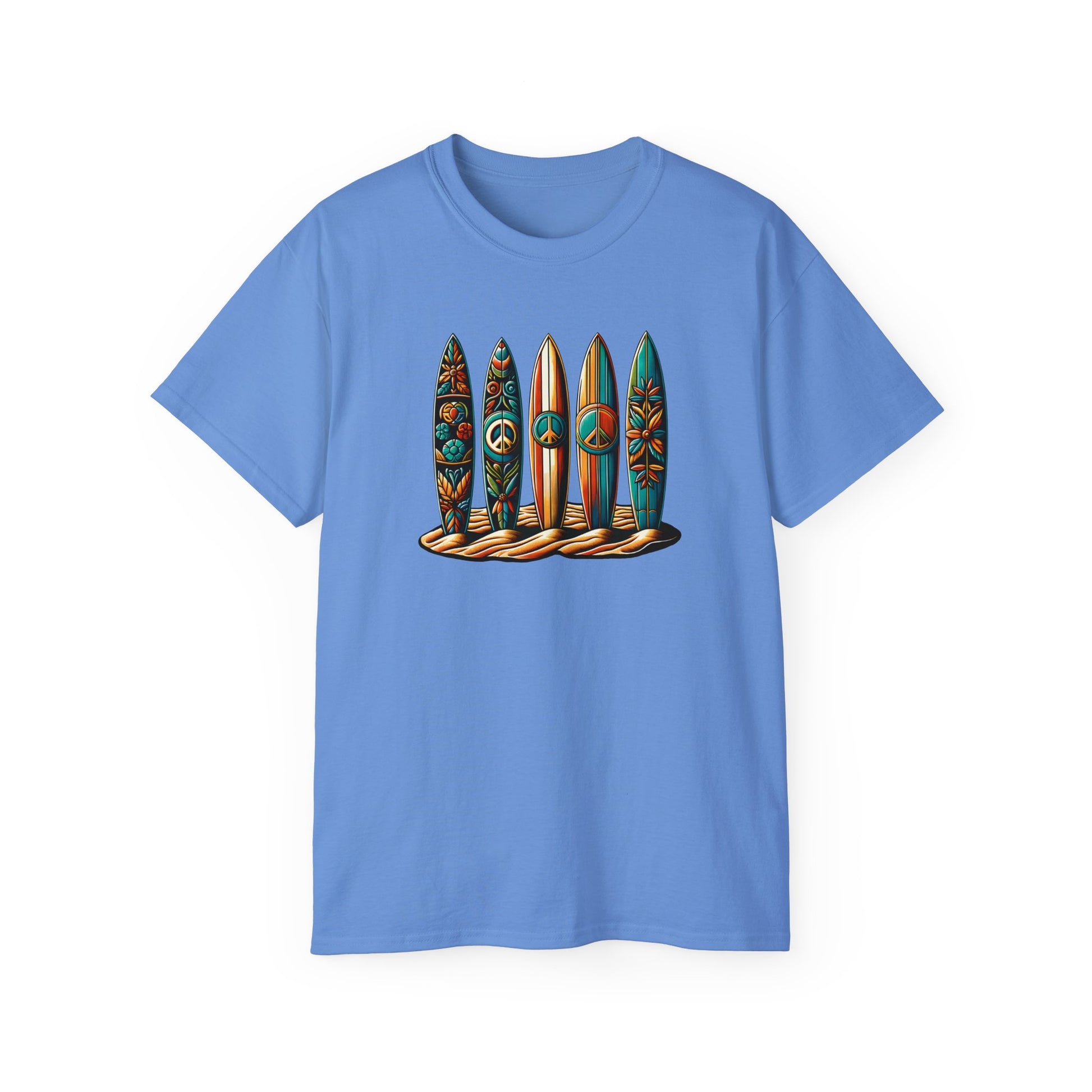 peace please thanks surfboard design Carolina blue tshirt with peace symbols and floral patterns, embodying surf culture and harmony