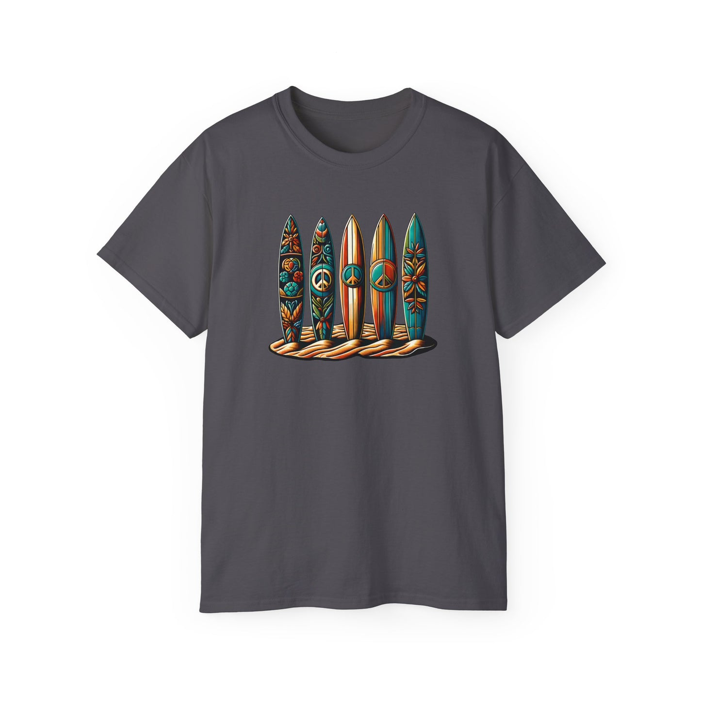 peace please thanks surfboard design charcoal tshirt with peace symbols and floral patterns, embodying surf culture and harmony