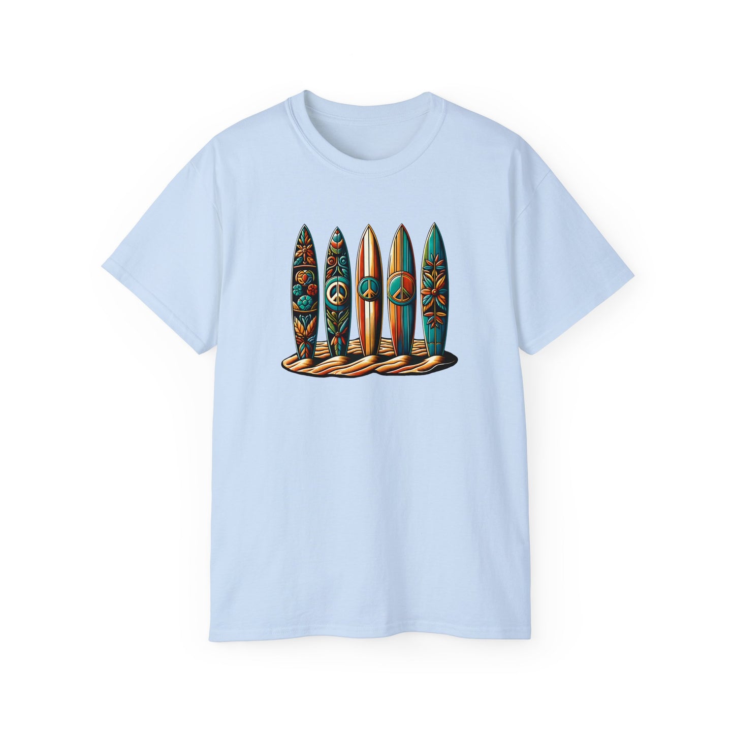 peace please thanks surfboard design light blue tshirt with peace symbols and floral patterns, embodying surf culture and harmony