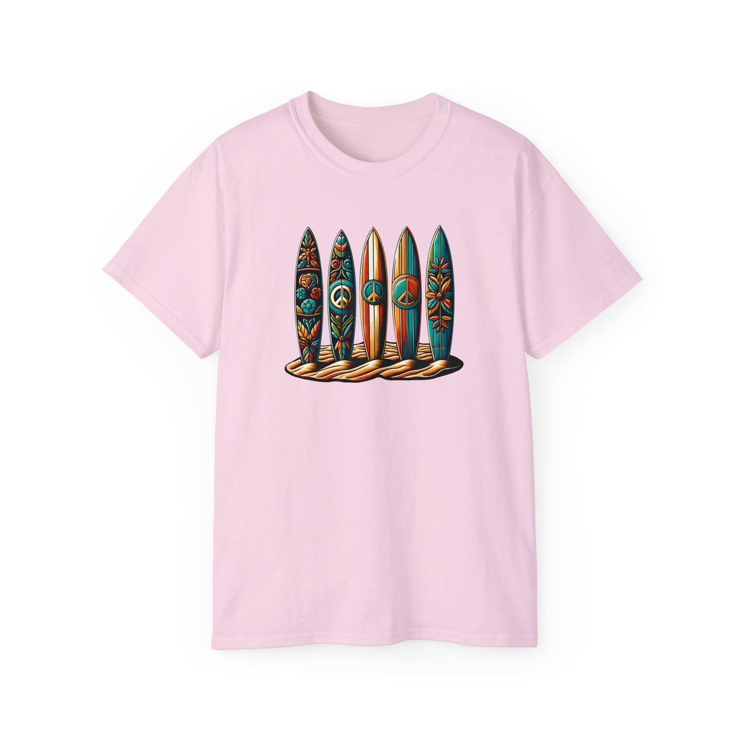 peace please thanks surfboard design light pink tshirt with peace symbols and floral patterns, embodying surf culture and harmony