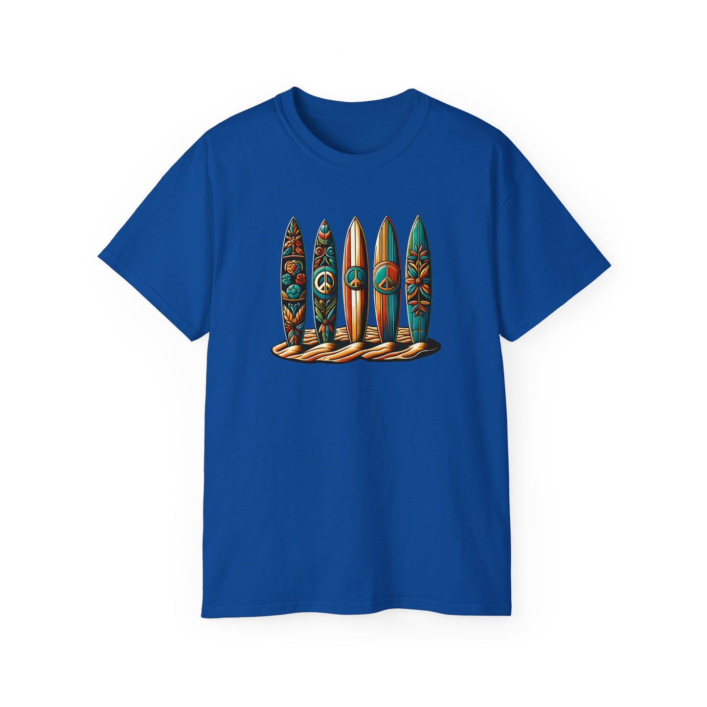 peace please thanks surfboard design royal blue tshirt with peace symbols and floral patterns, embodying surf culture and harmony