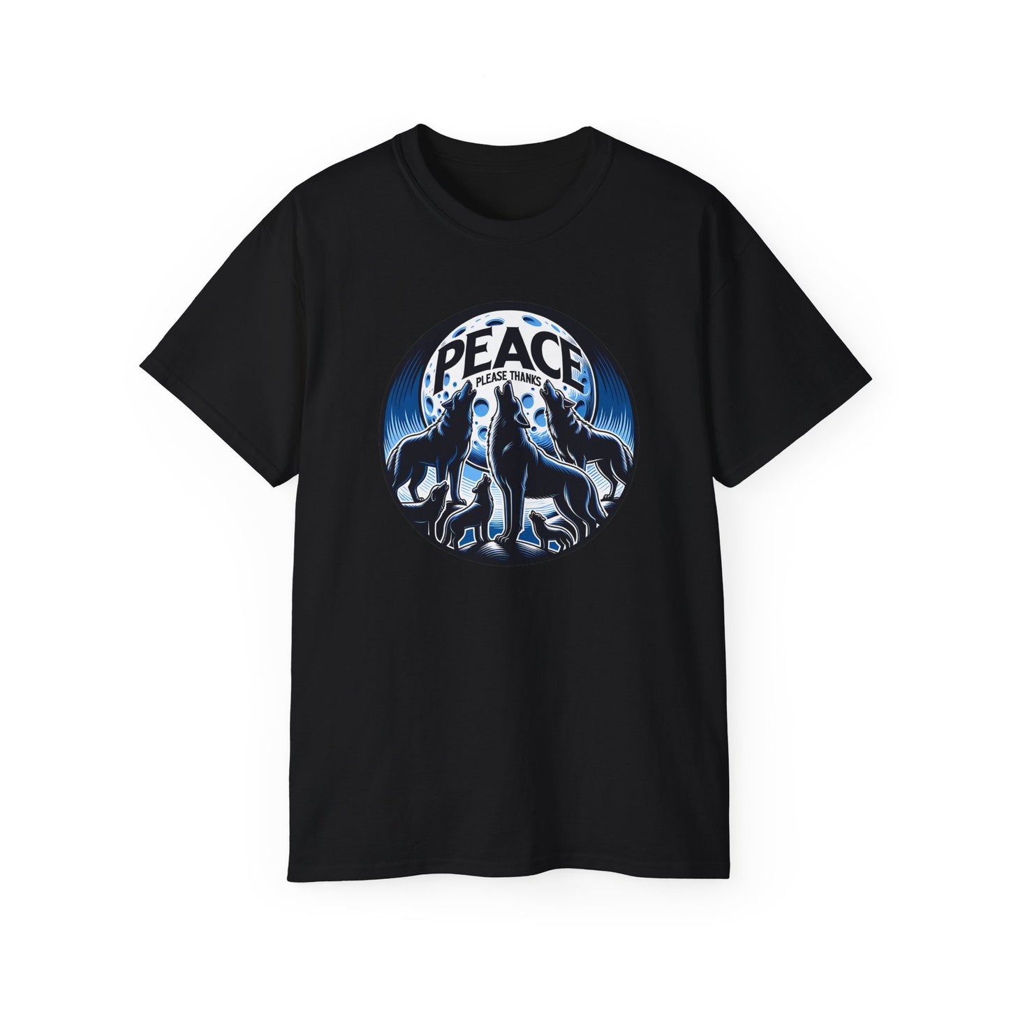 black Unisex t-shirt featuring howling wolf pack silhouettes against full moon with peace please thanks brand message