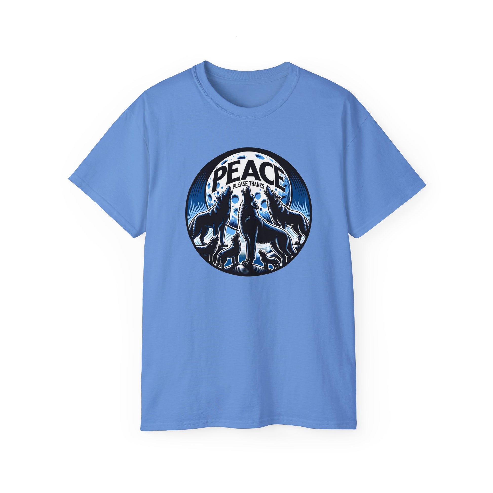 carolina blue Unisex t-shirt featuring howling wolf pack silhouettes against full moon with peace please thanks brand message