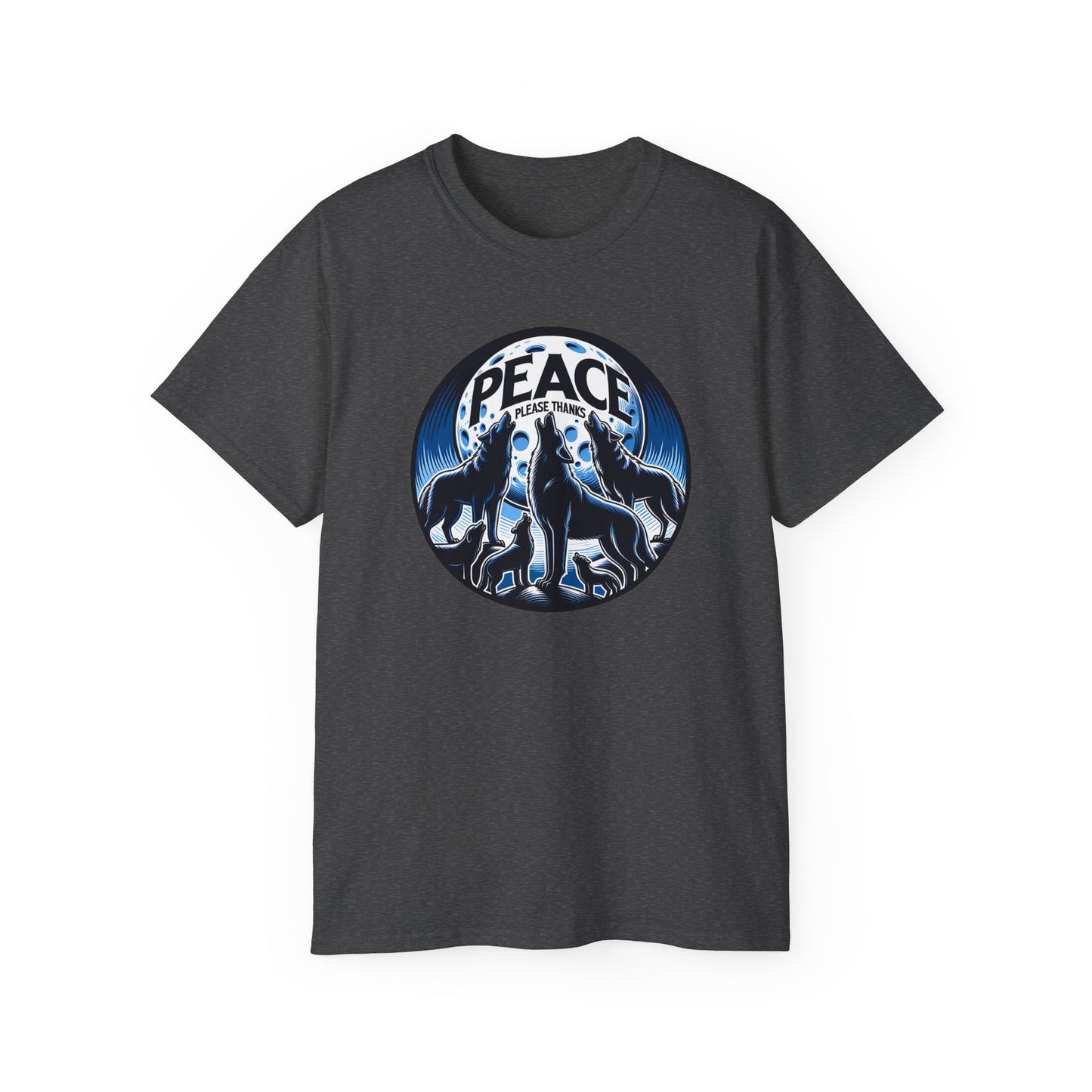 dark heather Unisex t-shirt featuring howling wolf pack silhouettes against full moon with peace please thanks brand message