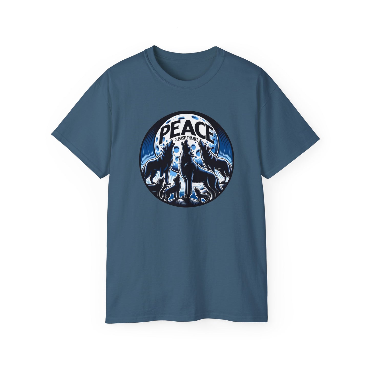 indigo blue Unisex t-shirt featuring howling wolf pack silhouettes against full moon with peace please thanks brand message