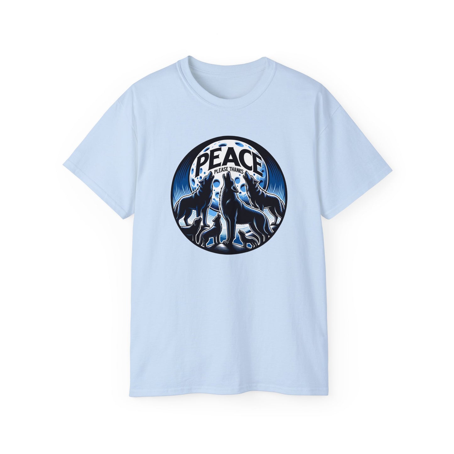 light blue Unisex t-shirt featuring howling wolf pack silhouettes against full moon with peace please thank's brand message