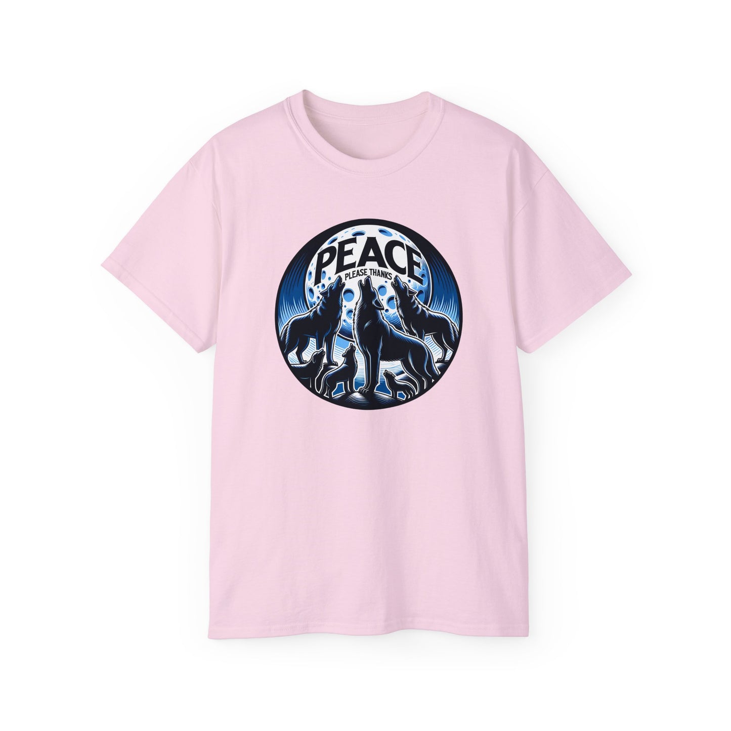 light pink Unisex t-shirt featuring howling wolf pack silhouettes against full moon with peace please thanks brand message