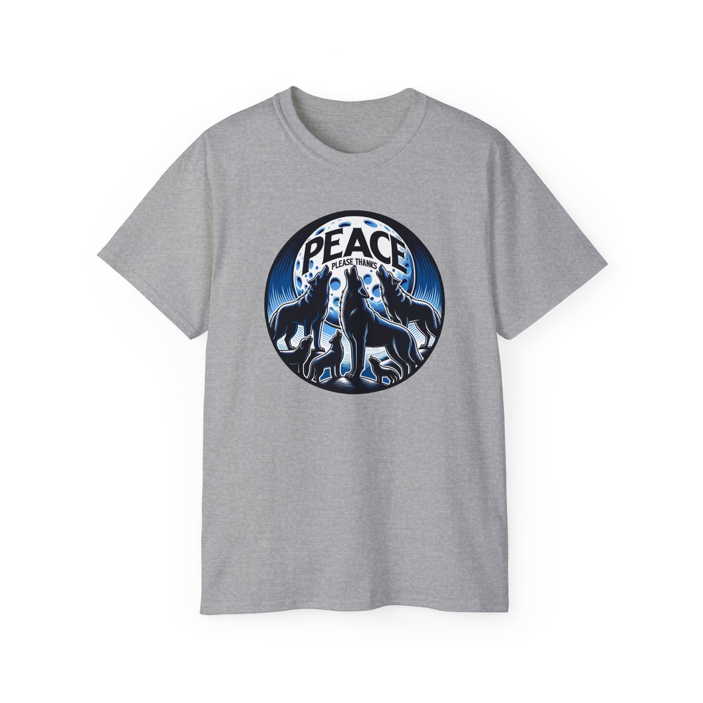 sport grey Unisex t-shirt featuring howling wolf pack silhouettes against full moon with peace please thank's brand message