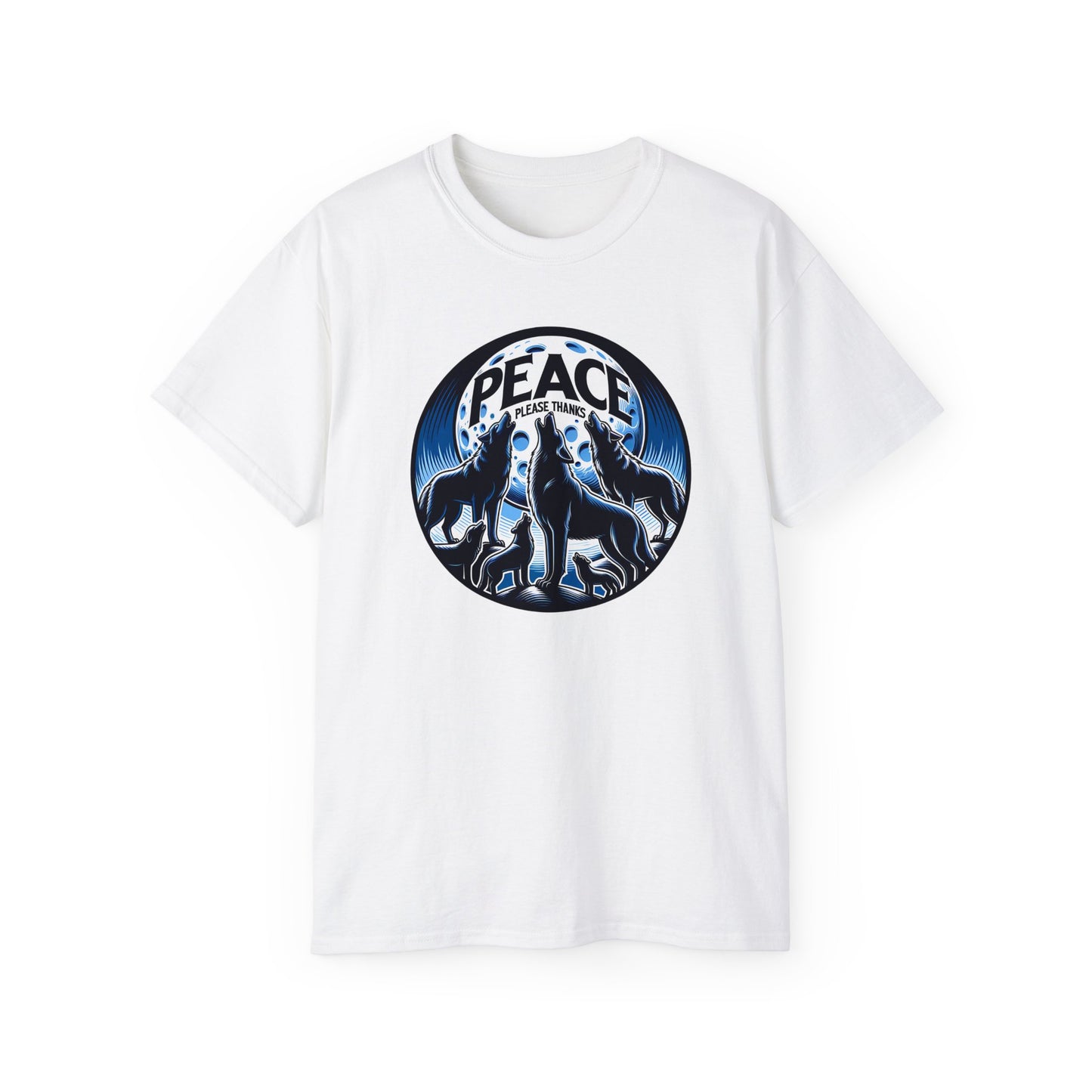 white Unisex t-shirt featuring howling wolf pack silhouettes against full moon with peace please thanks brand message