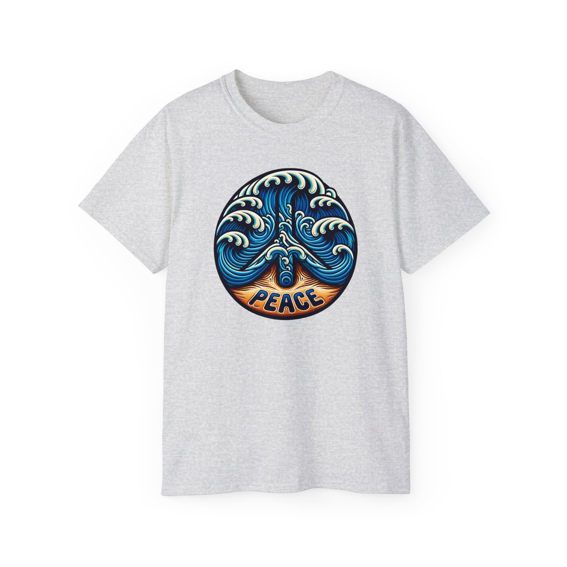 Ash colored Peace Please Thanks unisex t-shirt with captivating Shoreline Serenity design. Inclusive fit featuring ocean waves writing Peace on sandy beach, conveying tranquility and coastal beauty