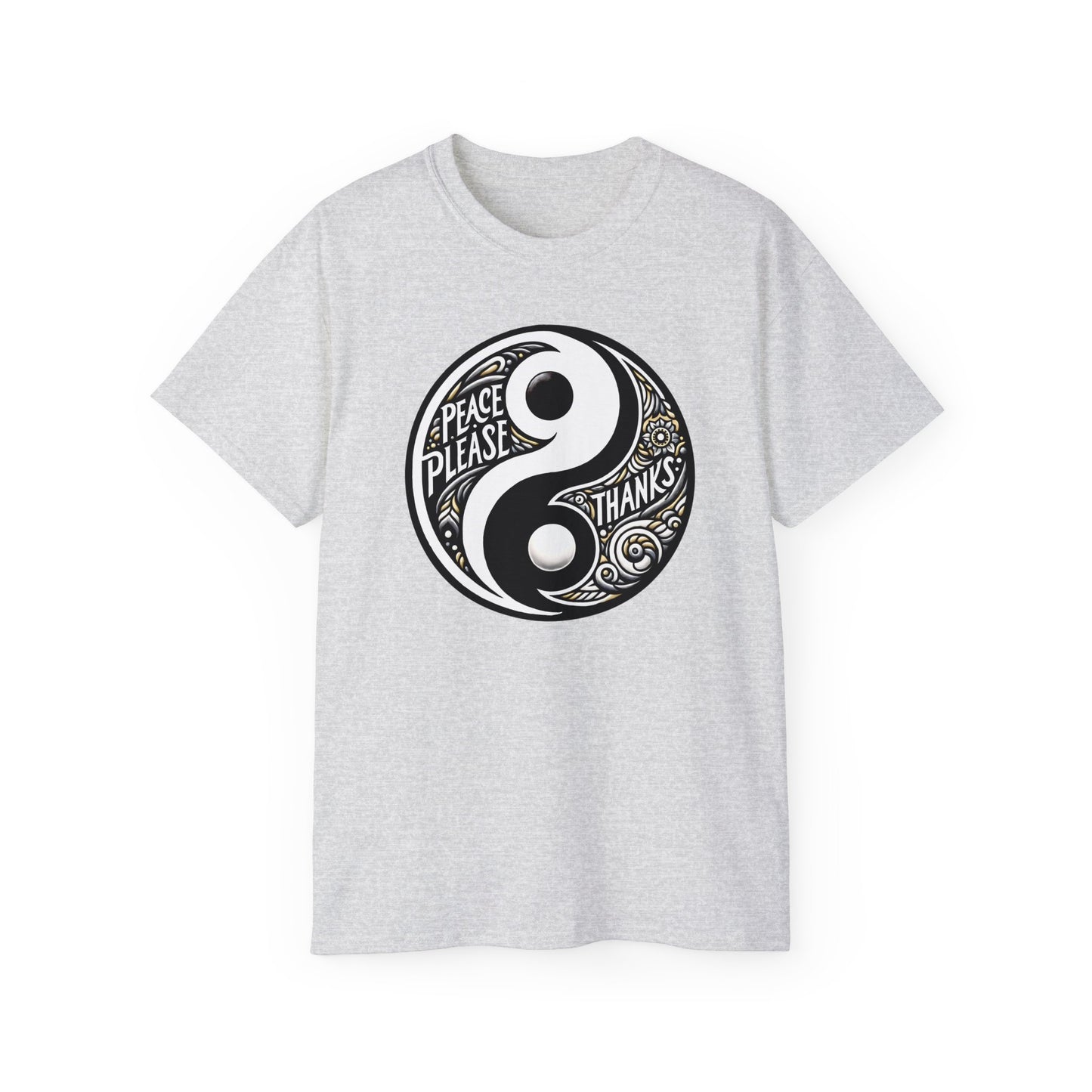 ash Unisex T-shirt featuring "Peace Please Thanks" in a striking Yin Yang Balance design, Black and white contrast with golden accents and artistic typography