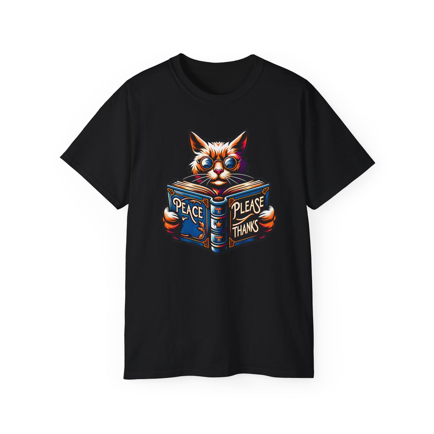 black Tshirt of Cat, Book, Glasses, Orange fur, Purple background, Blue accents, Ornate design, Peace symbol, Literary theme, Psychedelic colors, Feline wisdom, Inspirational message, Vibrant artwork, Peaceful scene, Animal illustration, Artistic style, Flowing lines, Radiant design, Whimsical image, Intellectual cat, peace please thanks brand