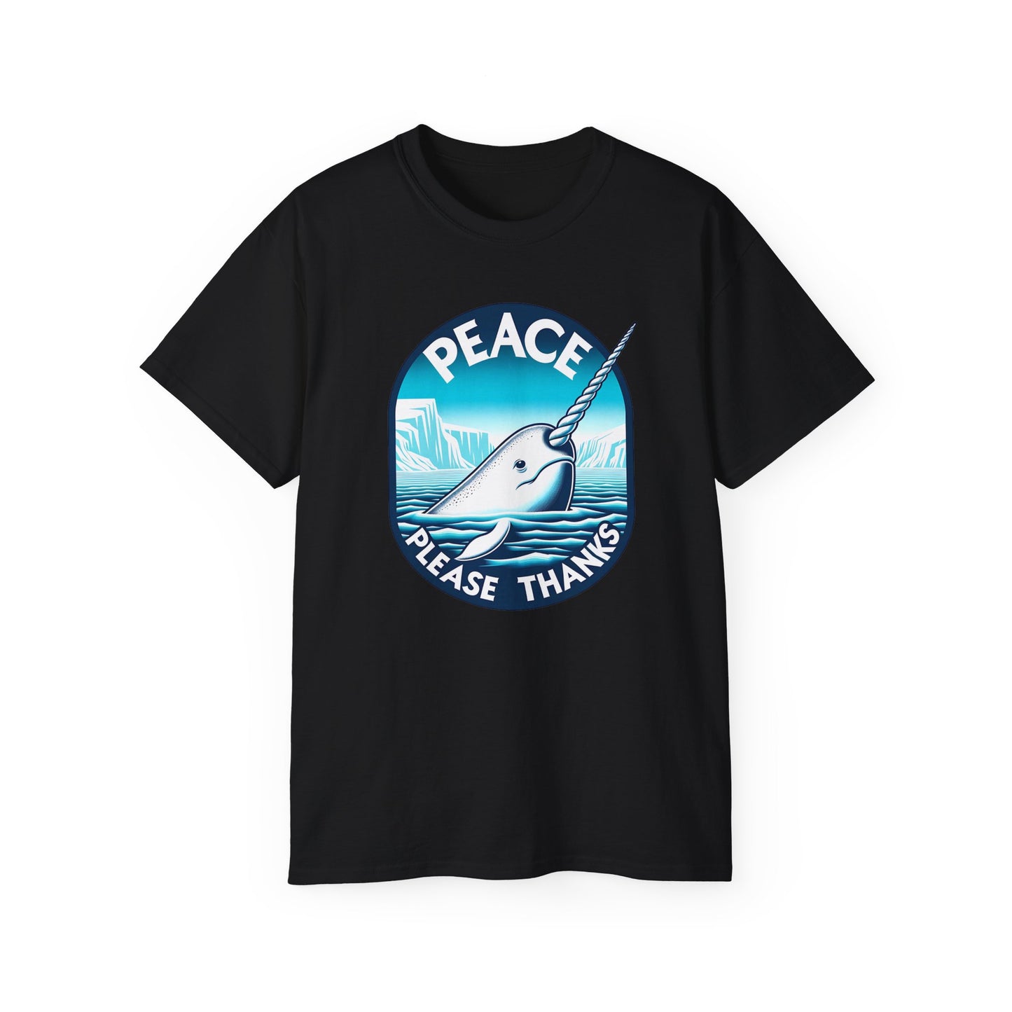 Peace Please Thanks black tshirt of a Narwhal,Tusk, Arctic waters, Ice cliffs, Blue gradient, Circular frame, Peace symbol, Marine mammal, Icy landscape, Tranquil scene, Ocean creature, Environmental awareness, Peaceful message, Arctic wildlife, Cool colors, Serene design, Unique animal, Flowing lines, Inspirational artwork