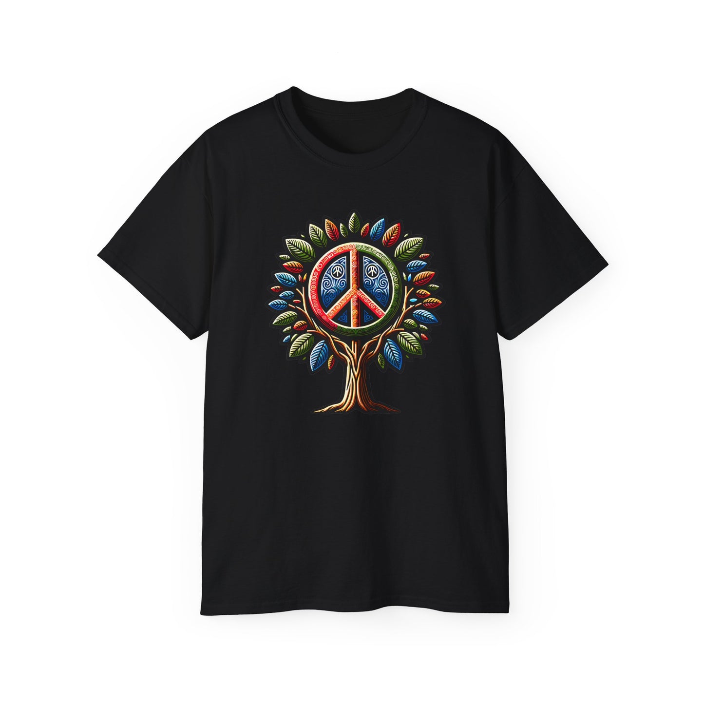 Black Colored Peace Please Thanks unisex t-shirt with captivating Peace Tree design, casual fit featuring a stylized tree with peace symbol leaves, conveying environmental consciousness and harmony