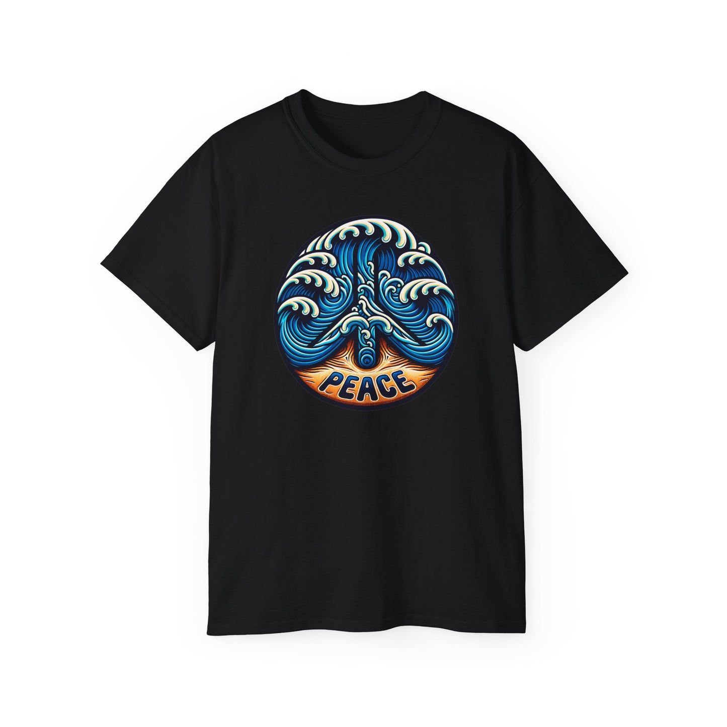 Black Peace Please Thanks unisex t-shirt with captivating Shoreline Serenity design. Inclusive fit featuring ocean waves writing Peace on sandy beach, conveying tranquility and coastal beauty