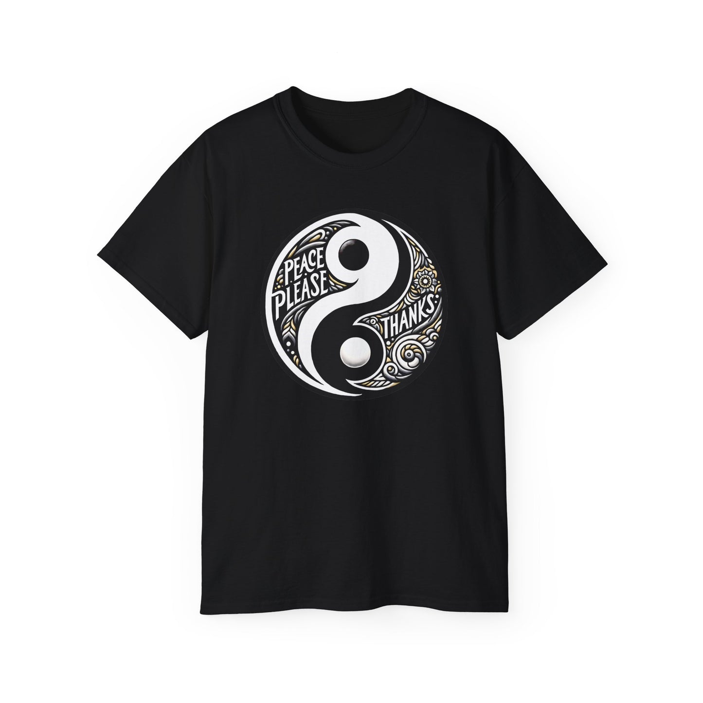 black Unisex T-shirt featuring "Peace Please Thanks" in a striking Yin Yang Balance design, Black and white contrast with golden accents and artistic typography