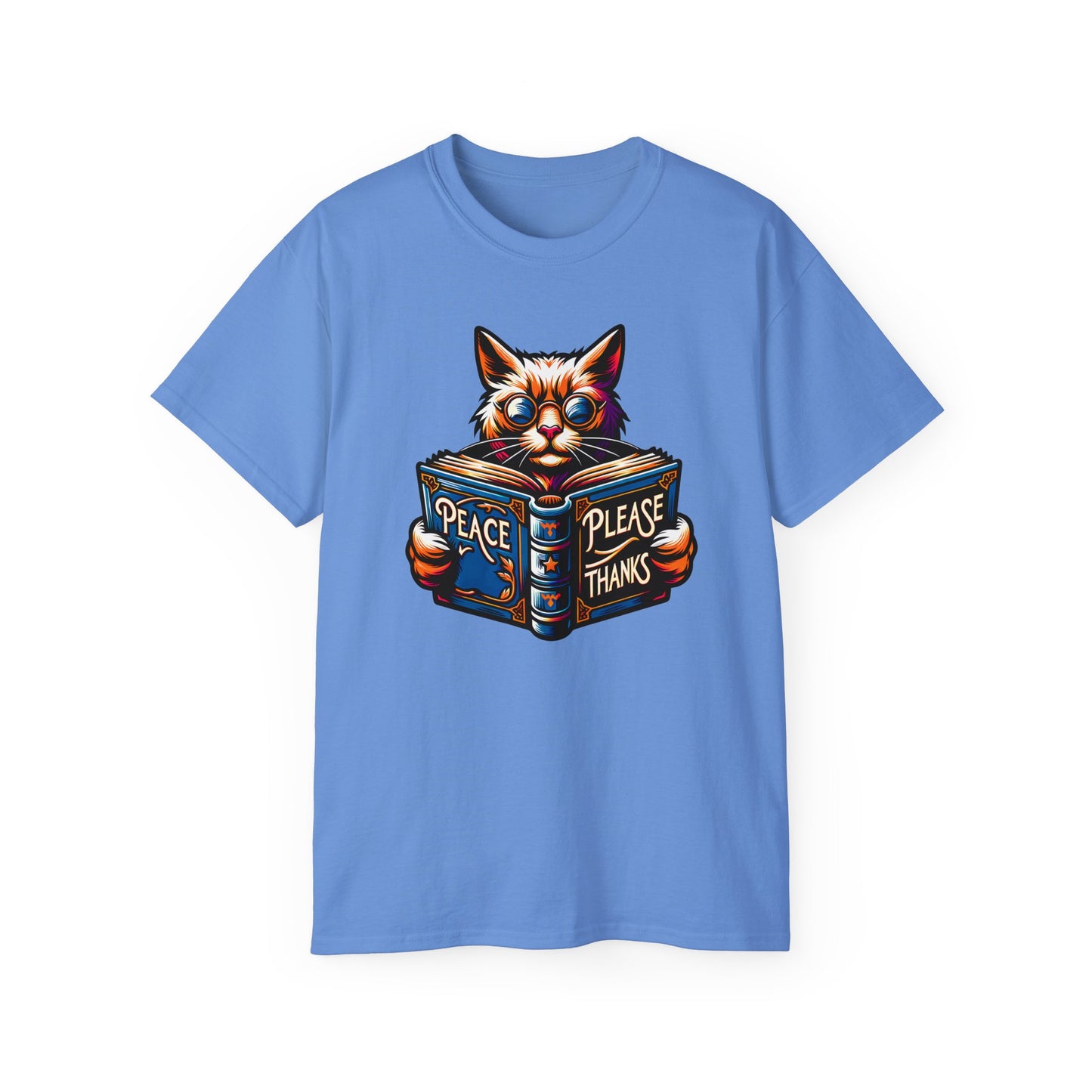 carolina blue Tshirt of Cat, Book, Glasses, Orange fur, Purple background, Blue accents, Ornate design, Peace symbol, Literary theme, Psychedelic colors, Feline wisdom, Inspirational message, Vibrant artwork, Peaceful scene, Animal illustration, Artistic style, Flowing lines, Radiant design, Whimsical image, Intellectual cat, peace please thanks brand