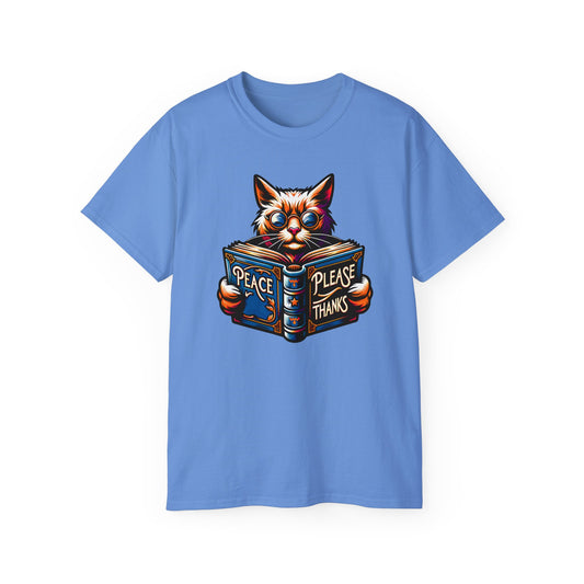 carolina blue Tshirt of Cat, Book, Glasses, Orange fur, Purple background, Blue accents, Ornate design, Peace symbol, Literary theme, Psychedelic colors, Feline wisdom, Inspirational message, Vibrant artwork, Peaceful scene, Animal illustration, Artistic style, Flowing lines, Radiant design, Whimsical image, Intellectual cat, peace please thanks brand