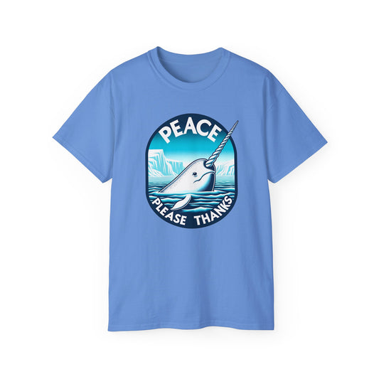 Carolina blue tshirt featuring tranquil narwhal design in Arctic waters with Peace Please Thank's brand message