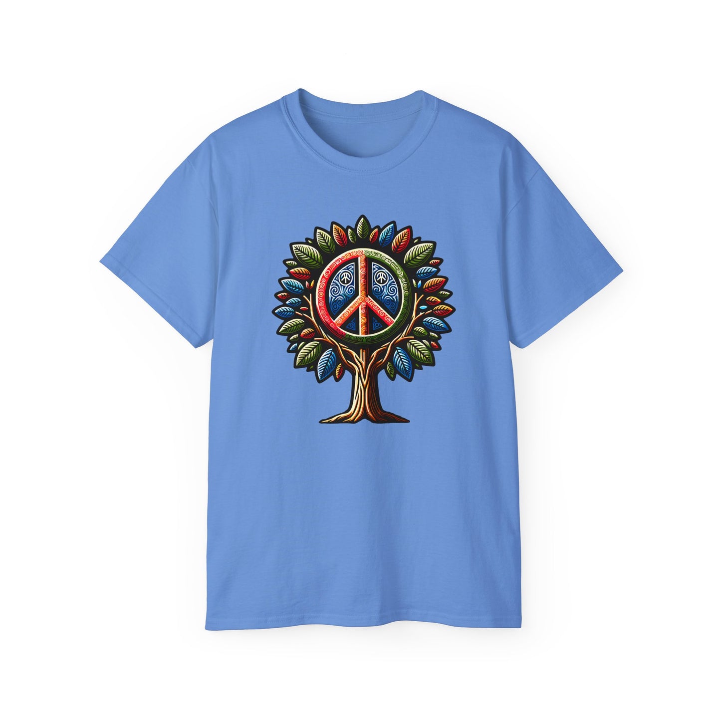 Carolina blue Colored Peace Please Thanks unisex t-shirt with captivating Peace Tree design, casual fit featuring a stylized tree with peace symbol leaves, conveying environmental consciousness and harmony