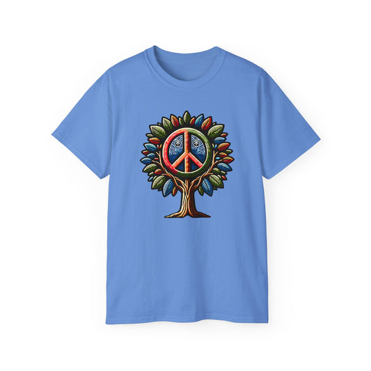 Carolina blue Colored Peace Please Thanks unisex t-shirt with captivating Peace Tree design, casual fit featuring a stylized tree with peace symbol leaves, conveying environmental consciousness and harmony