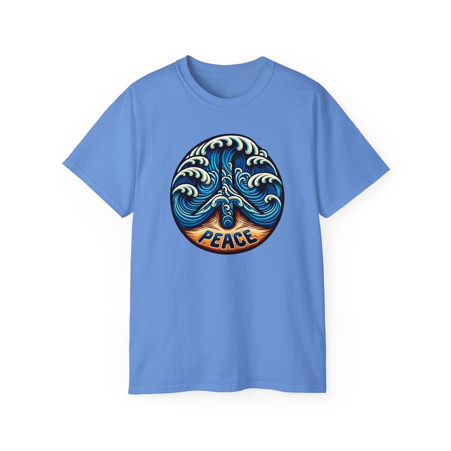 Carolina blue Peace Please Thanks unisex t-shirt with captivating Shoreline Serenity design. Inclusive fit featuring ocean waves writing Peace on sandy beach, conveying tranquility and coastal beauty