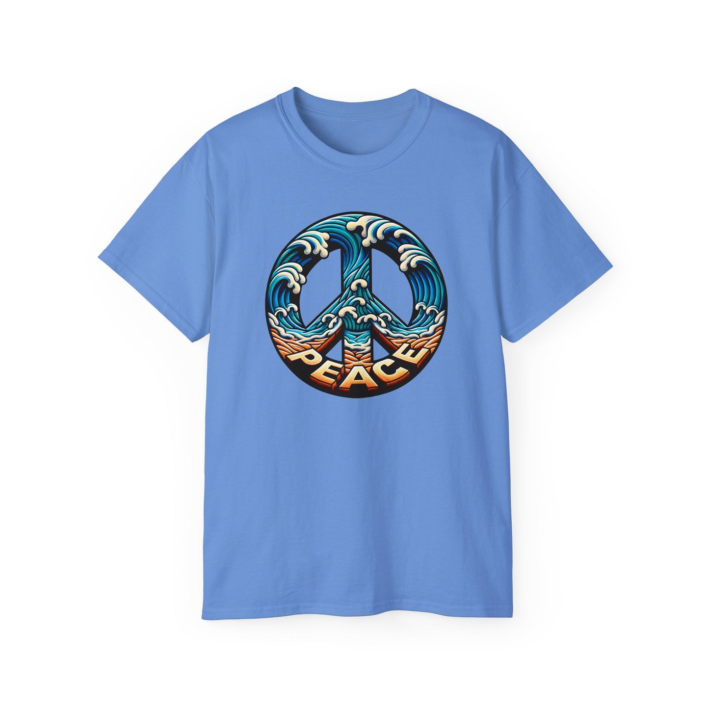 Carolina blue colored unisex t-shirt of Tranquil shoreline design with peace symbol created by waves and sand, showcasing the Peace Please Thanks brand name in seaside themed illustration