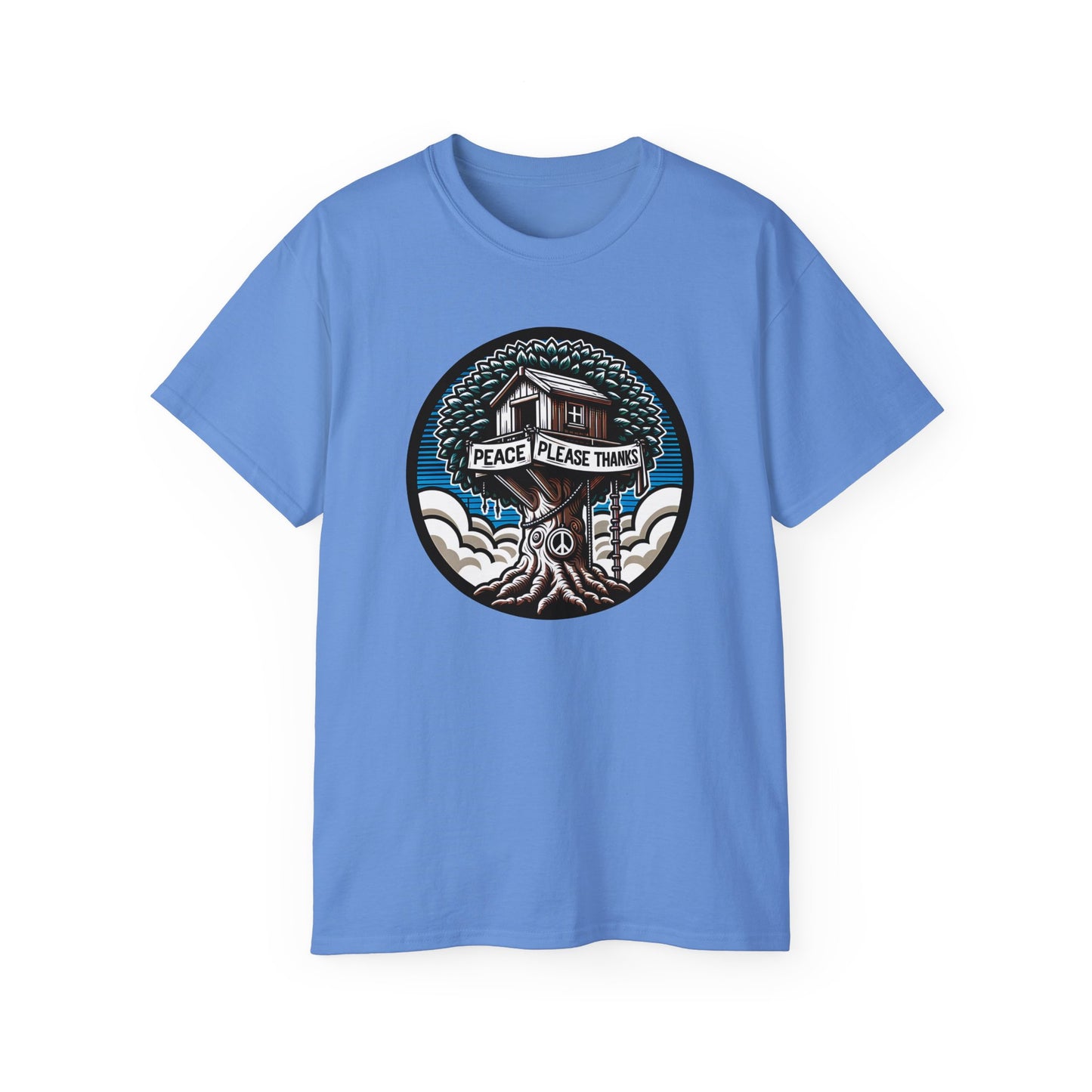 carolina blue colored Peace Please Thanks unisex t-shirt featuring a striking treehouse of peace design, Casual fit with a circular artwork combining nature elements and a peace sign, suitable for all