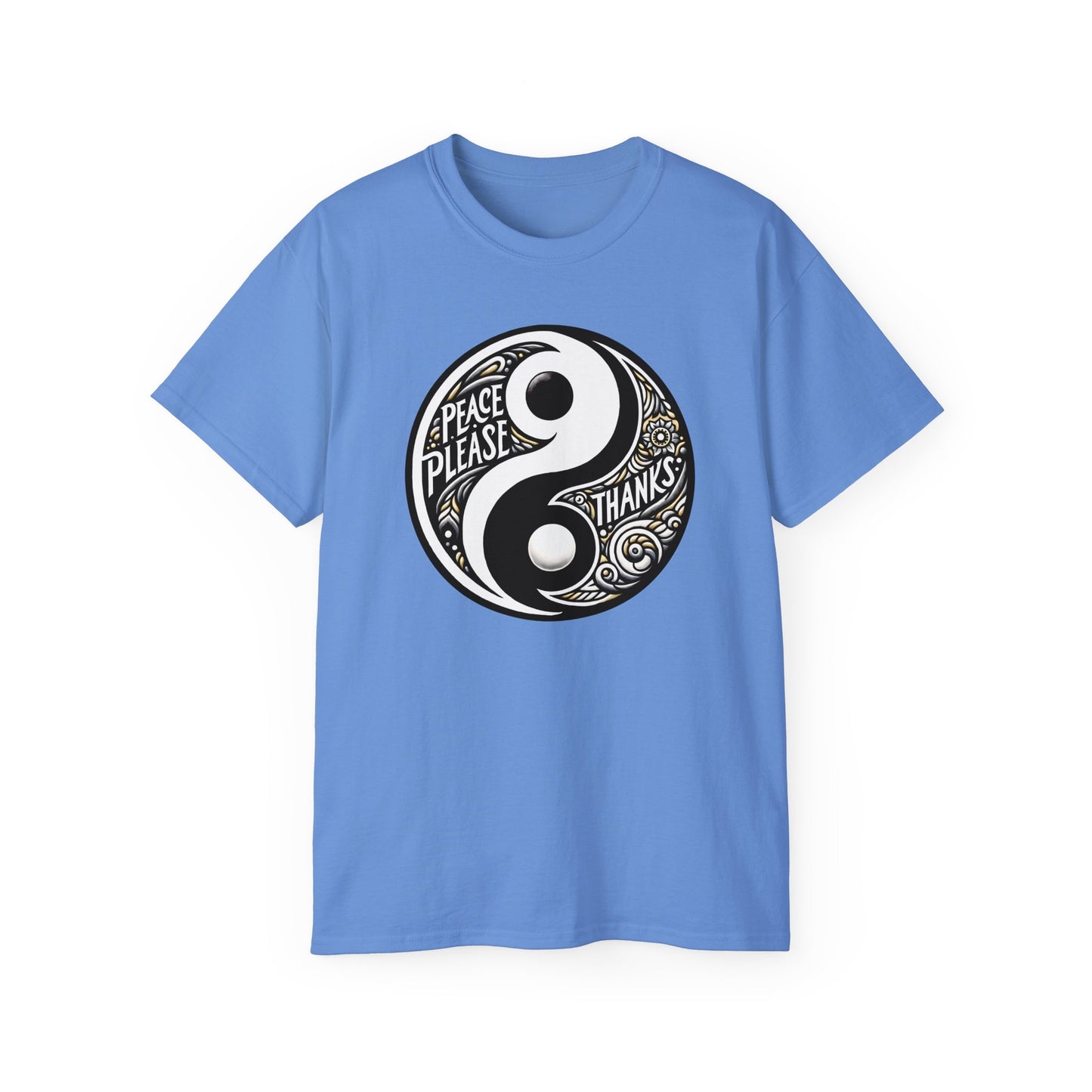 carolina blue Unisex T-shirt featuring "Peace Please Thanks" in a striking Yin Yang Balance design, Black and white contrast with golden accents and artistic typography