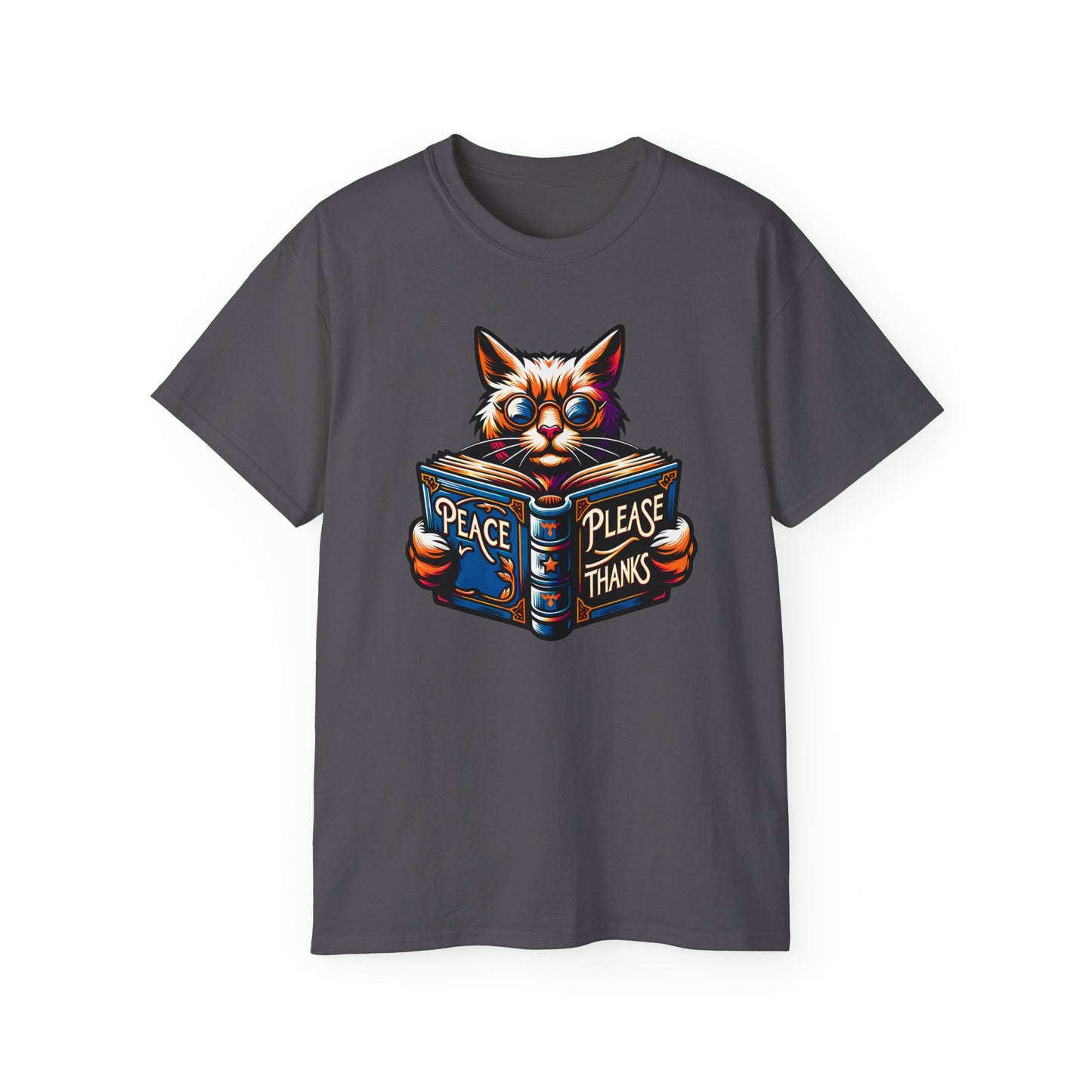 charcoal Tshirt of Cat, Book, Glasses, Orange fur, Purple background, Blue accents, Ornate design, Peace symbol, Literary theme, Psychedelic colors, Feline wisdom, Inspirational message, Vibrant artwork, Peaceful scene, Animal illustration, Artistic style, Flowing lines, Radiant design, Whimsical image, Intellectual cat, peace please thanks brand