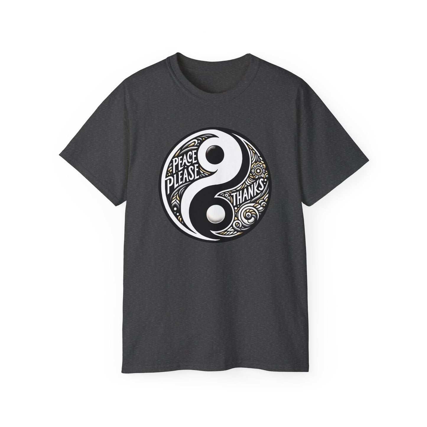 dark heather Unisex T-shirt Versatile unisex t-shirt featuring "Peace Please Thanks" in a striking Yin Yang Balance design, Black and white contrast with golden accents and artistic typography