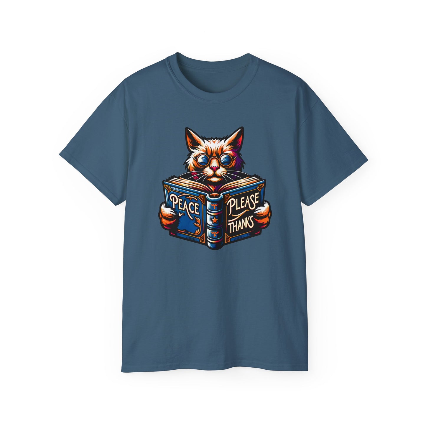 indigo blue Tshirt of Cat, Book, Glasses, Orange fur, Purple background, Blue accents, Ornate design, Peace symbol, Literary theme, Psychedelic colors, Feline wisdom, Inspirational message, Vibrant artwork, Peaceful scene, Animal illustration, Artistic style, Flowing lines, Radiant design, Whimsical image, Intellectual cat, peace please thanks brand