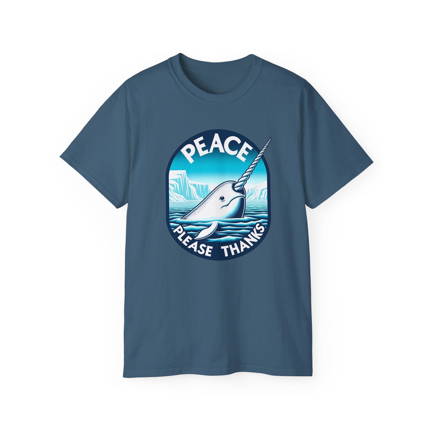 Peace Please Thanks indigo blue tshirt of a Narwhal,Tusk, Arctic waters, Ice cliffs, Blue gradient, Circular frame, Peace symbol, Marine mammal, Icy landscape, Tranquil scene, Ocean creature, Environmental awareness, Peaceful message, Arctic wildlife, Cool colors, Serene design, Unique animal, Flowing lines, Inspirational artwork