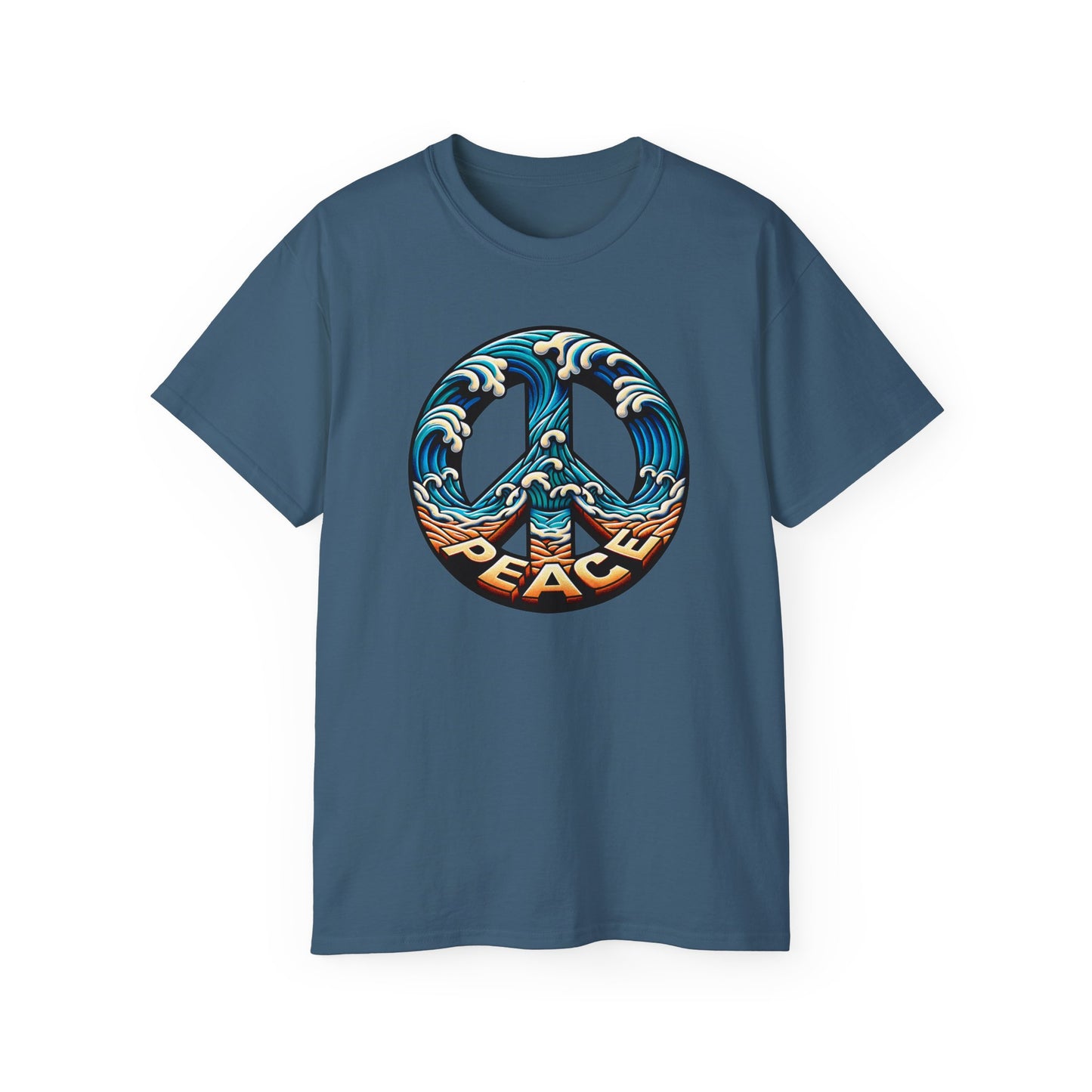 Indigo blue colored unisex t-shirt of Tranquil shoreline design with peace symbol created by waves and sand, showcasing the Peace Please Thanks brand name in seaside themed illustration