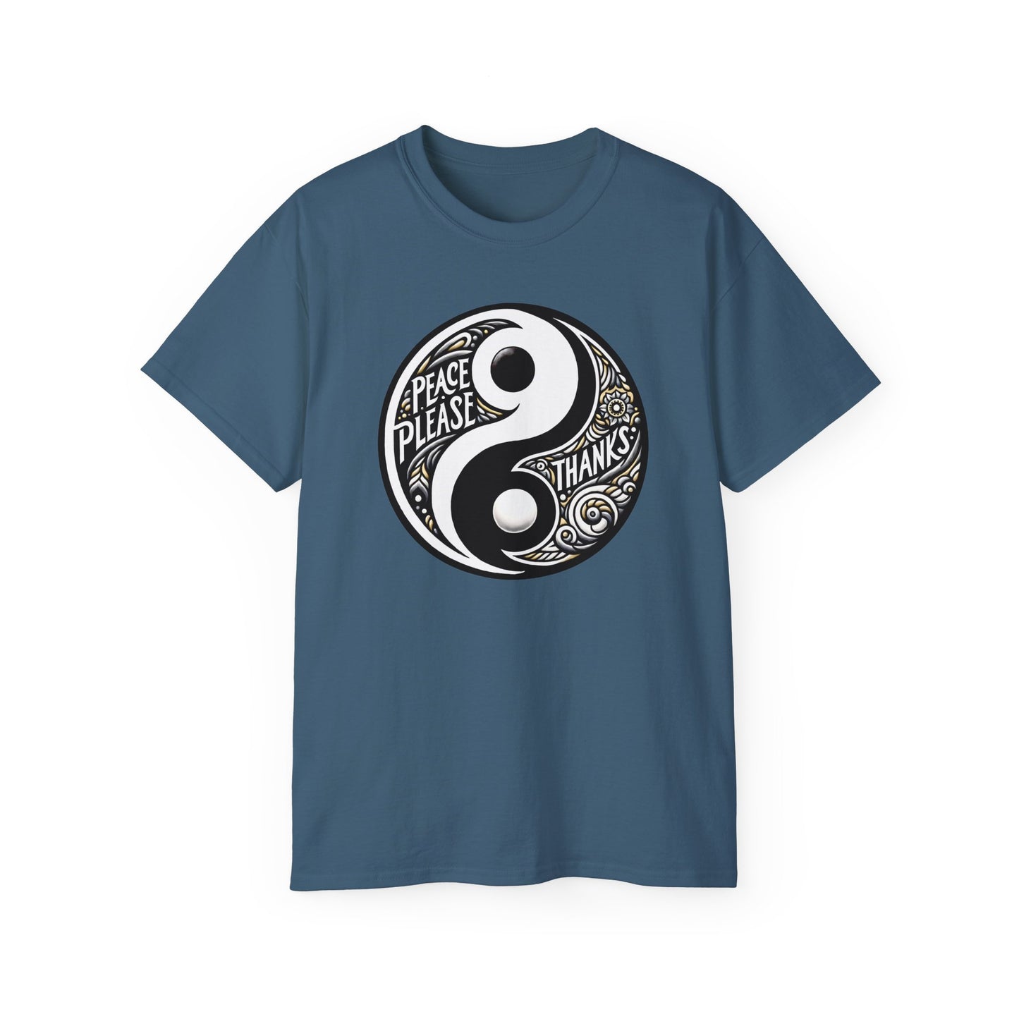 indigo blue Unisex T-shirt featuring "Peace Please Thanks" in a striking Yin Yang Balance design, Black and white contrast with golden accents and artistic typography