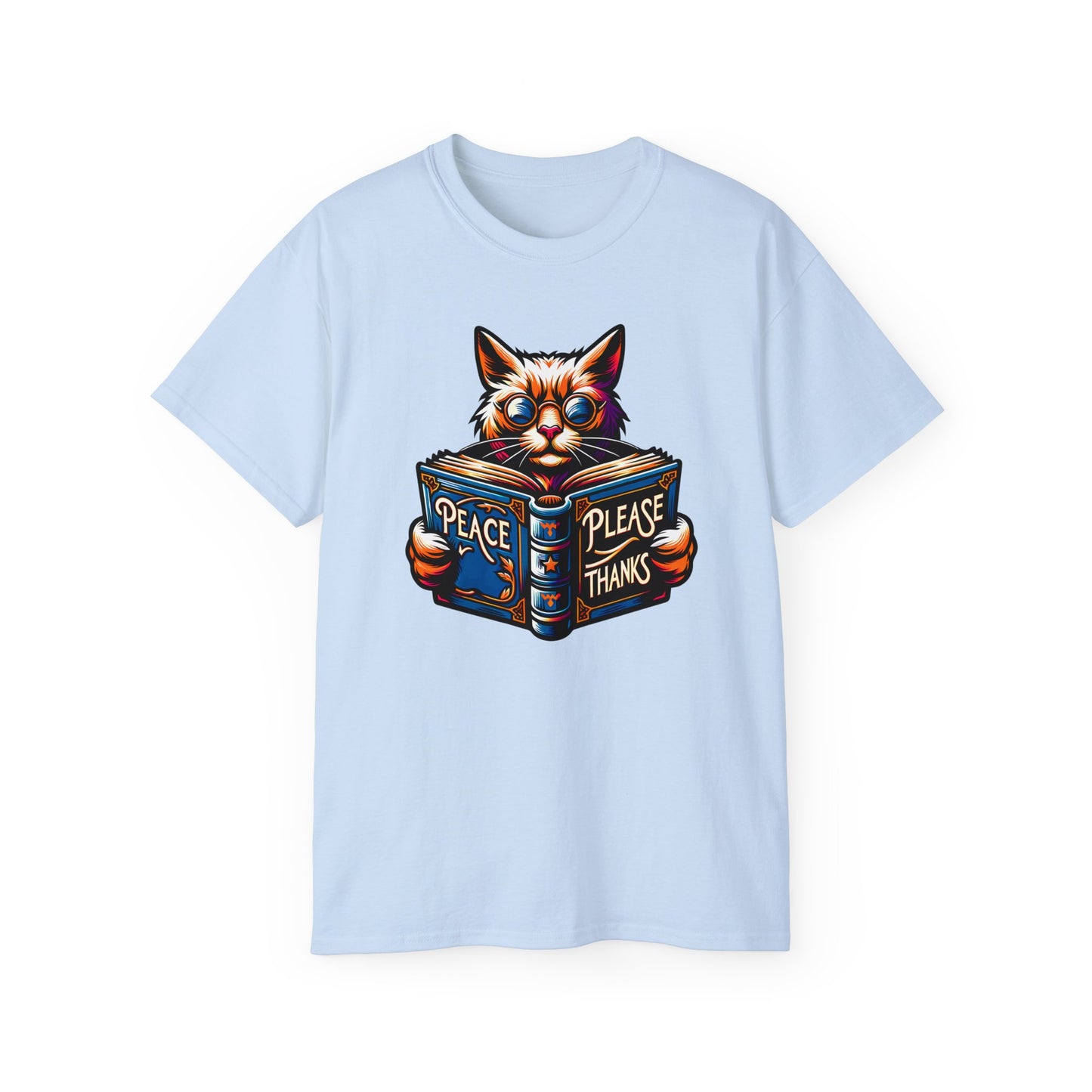 light blue Tshirt of Cat, Book, Glasses, Orange fur, Purple background, Blue accents, Ornate design, Peace symbol, Literary theme, Psychedelic colors, Feline wisdom, Inspirational message, Vibrant artwork, Peaceful scene, Animal illustration, Artistic style, Flowing lines, Radiant design, Whimsical image, Intellectual cat, peace please thanks brand