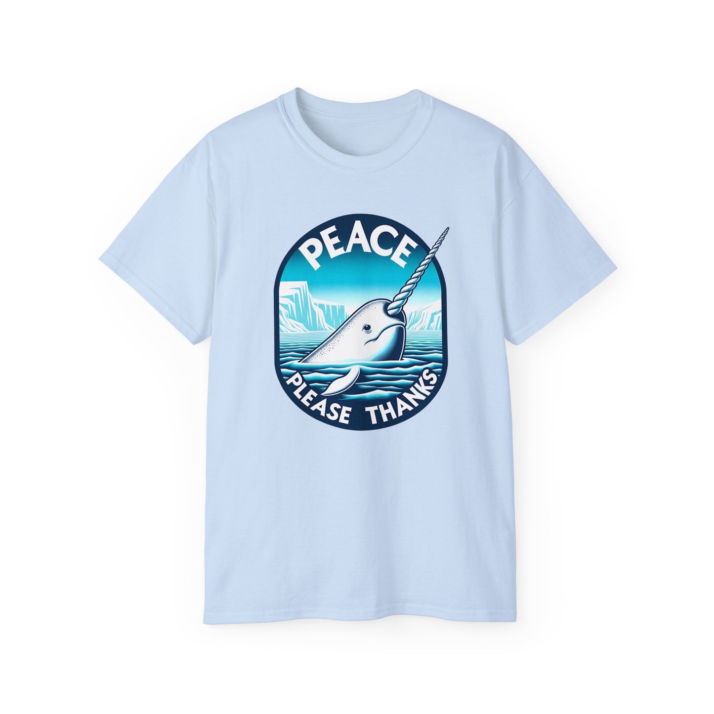 Peace Please Thanks light blue tshirt of a Narwhal,Tusk, Arctic waters, Ice cliffs, Blue gradient, Circular frame, Peace symbol, Marine mammal, Icy landscape, Tranquil scene, Ocean creature, Environmental awareness, Peaceful message, Arctic wildlife, Cool colors, Serene design, Unique animal, Flowing lines, Inspirational artwork