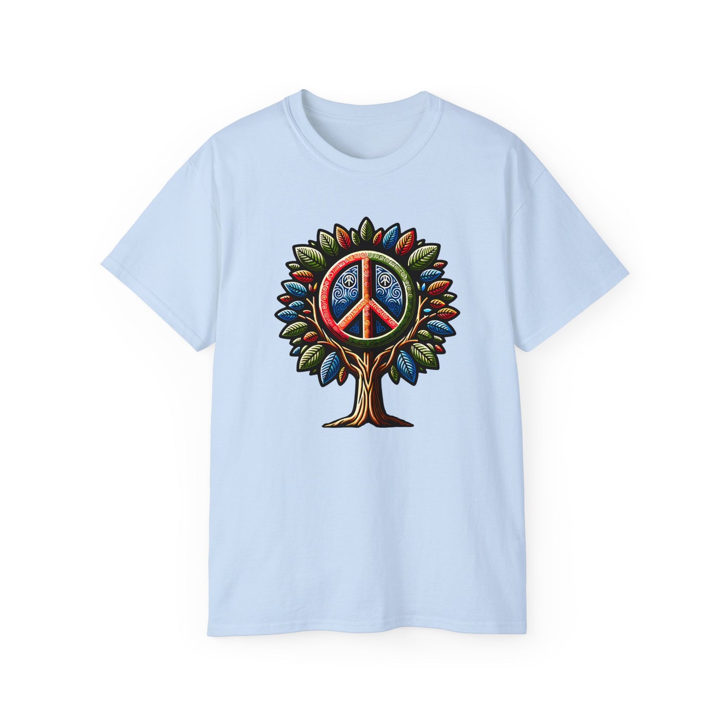 Light blue Colored Peace Please Thanks unisex t-shirt with captivating Peace Tree design, casual fit featuring a stylized tree with peace symbol leaves, conveying environmental consciousness and harmony