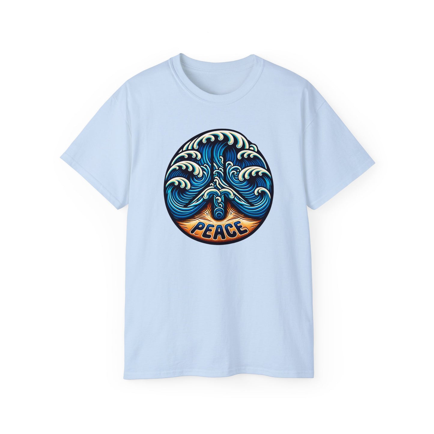 Light blue Peace Please Thanks unisex t-shirt with captivating Shoreline Serenity design. Inclusive fit featuring ocean waves writing Peace on sandy beach, conveying tranquility and coastal beauty