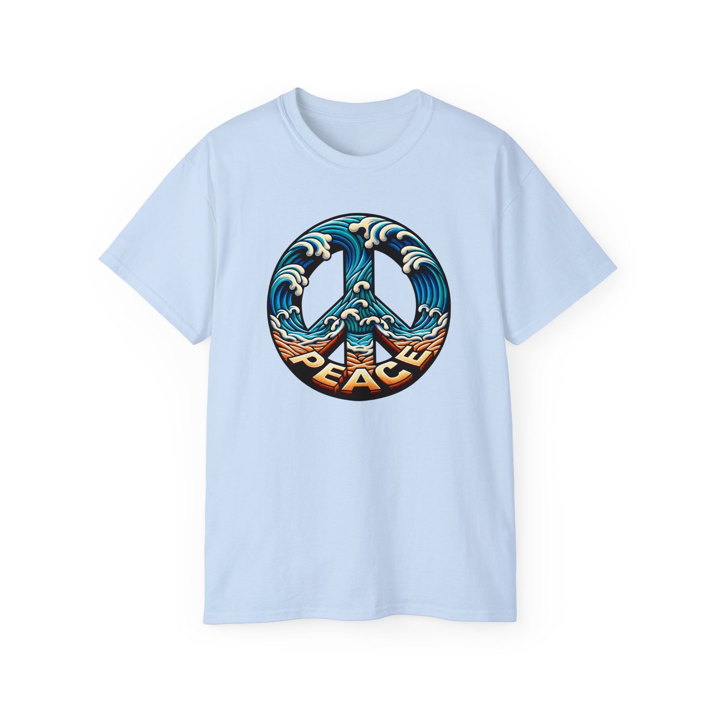 Light blue colored unisex t-shirt of Tranquil shoreline design with peace symbol created by waves and sand, showcasing the Peace Please Thanks brand name in seaside themed illustration