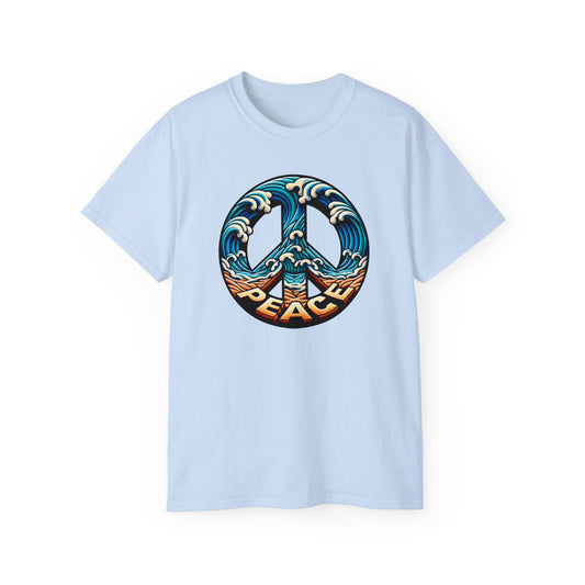 Light blue colored unisex t-shirt of Tranquil shoreline design with peace symbol created by waves and sand, showcasing the Peace Please Thanks brand name in seaside themed illustration