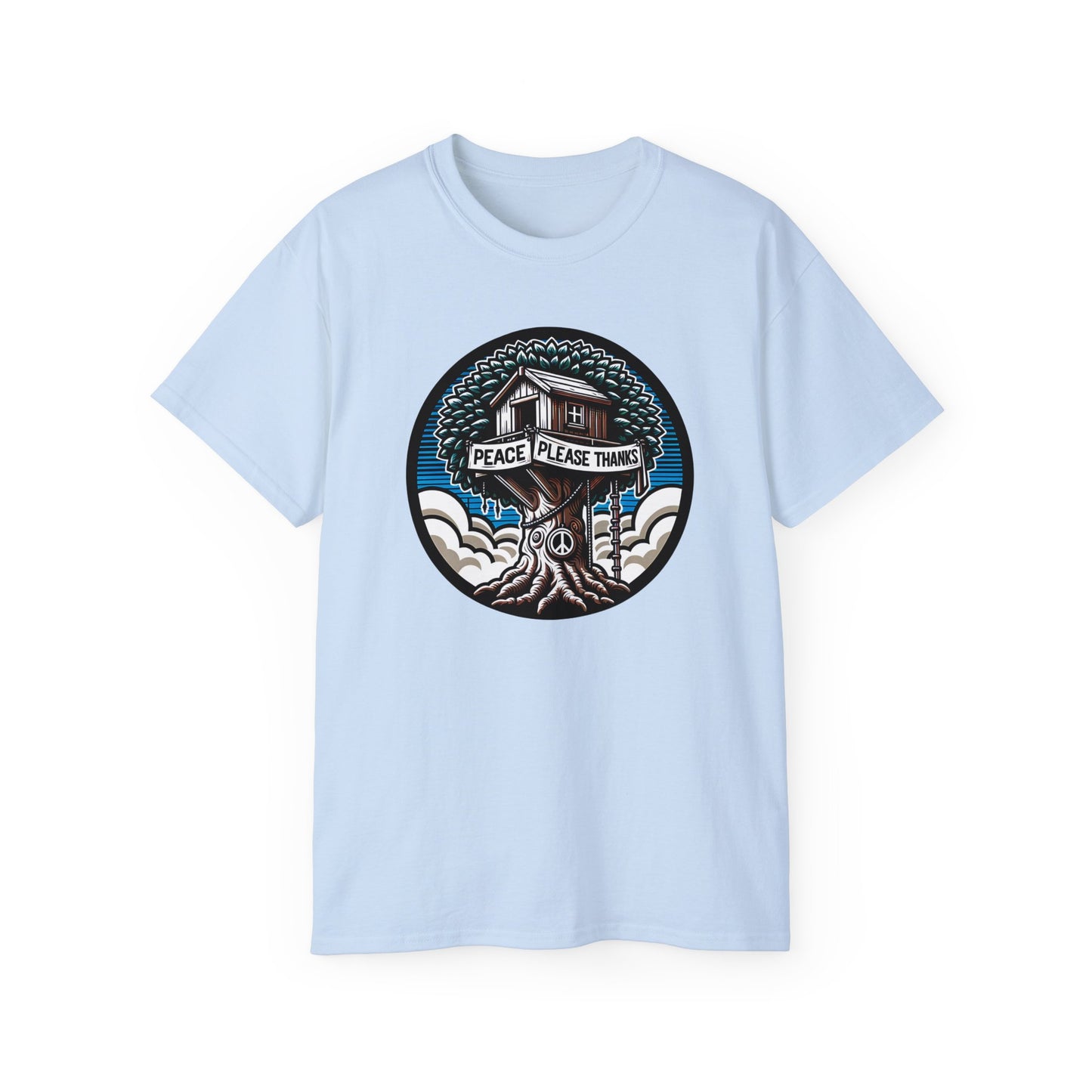 light blue colored Peace Please Thanks unisex t-shirt featuring a striking treehouse of peace design, Casual fit with a circular artwork combining nature elements and a peace sign, suitable for all