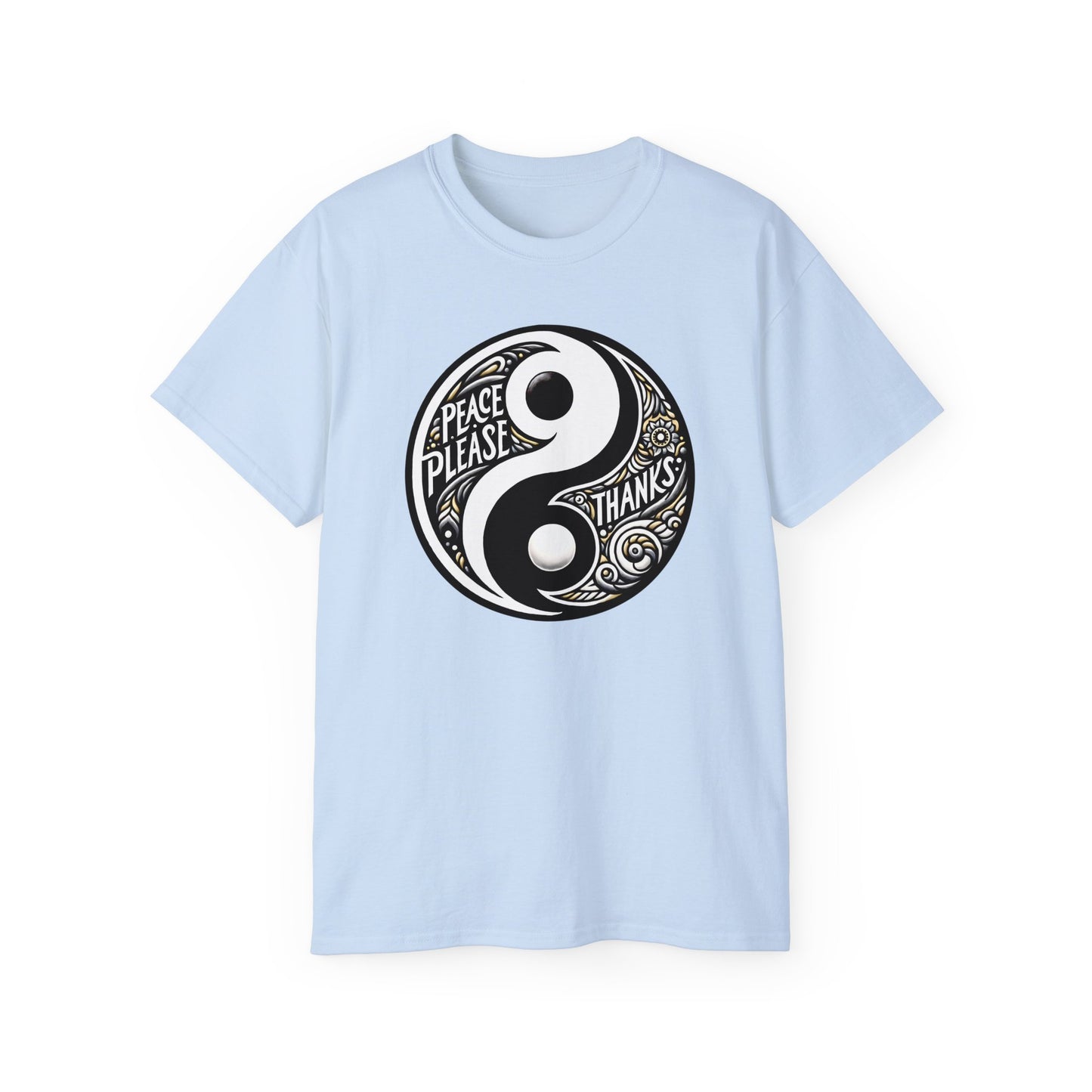 light blue Unisex T-shirt featuring "Peace Please Thanks" in a striking Yin Yang Balance design, Black and white contrast with golden accents and artistic typography