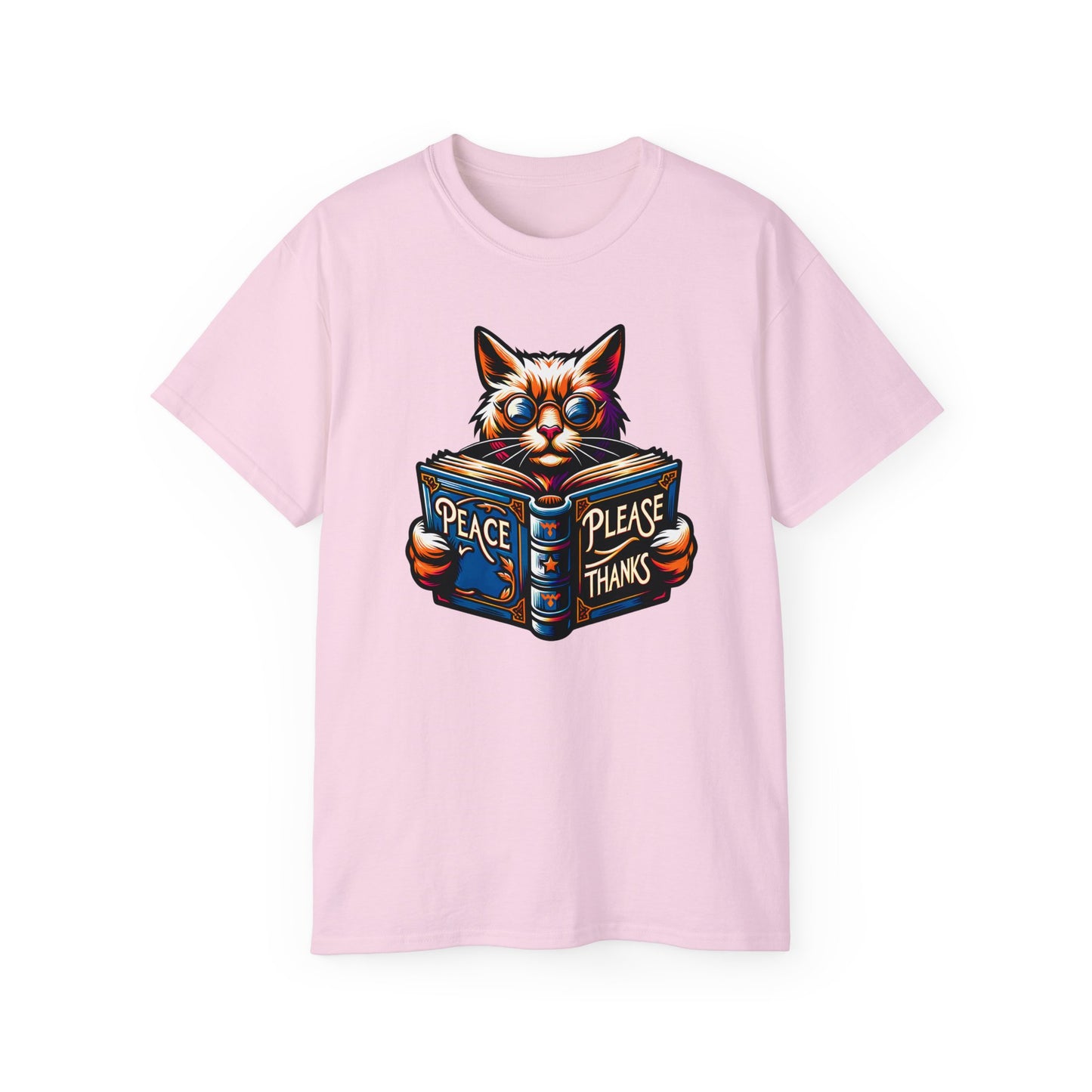 light pink Tshirt of Cat, Book, Glasses, Orange fur, Purple background, Blue accents, Ornate design, Peace symbol, Literary theme, Psychedelic colors, Feline wisdom, Inspirational message, Vibrant artwork, Peaceful scene, Animal illustration, Artistic style, Flowing lines, Radiant design, Whimsical image, Intellectual cat, peace please thanks brand