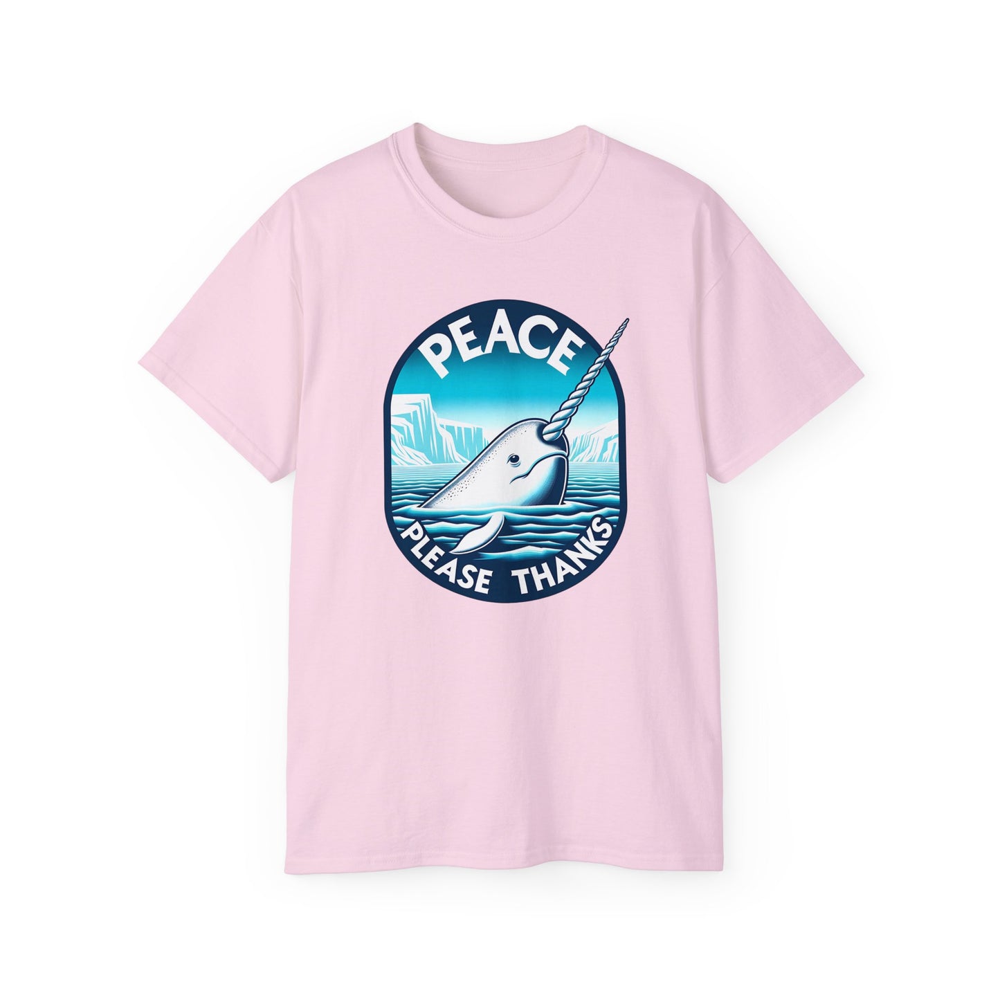 Peace Please Thanks light pink tshirt of a Narwhal,Tusk, Arctic waters, Ice cliffs, Blue gradient, Circular frame, Peace symbol, Marine mammal, Icy landscape, Tranquil scene, Ocean creature, Environmental awareness, Peaceful message, Arctic wildlife, Cool colors, Serene design, Unique animal, Flowing lines, Inspirational artwork