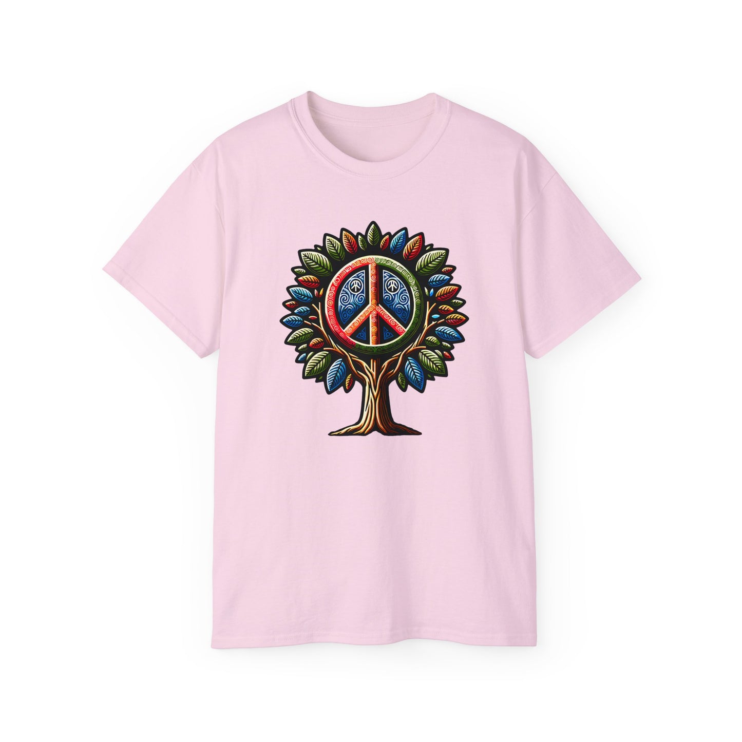 Light pink Colored Peace Please Thanks unisex t-shirt with captivating Peace Tree design, casual fit featuring a stylized tree with peace symbol leaves, conveying environmental consciousness and harmony