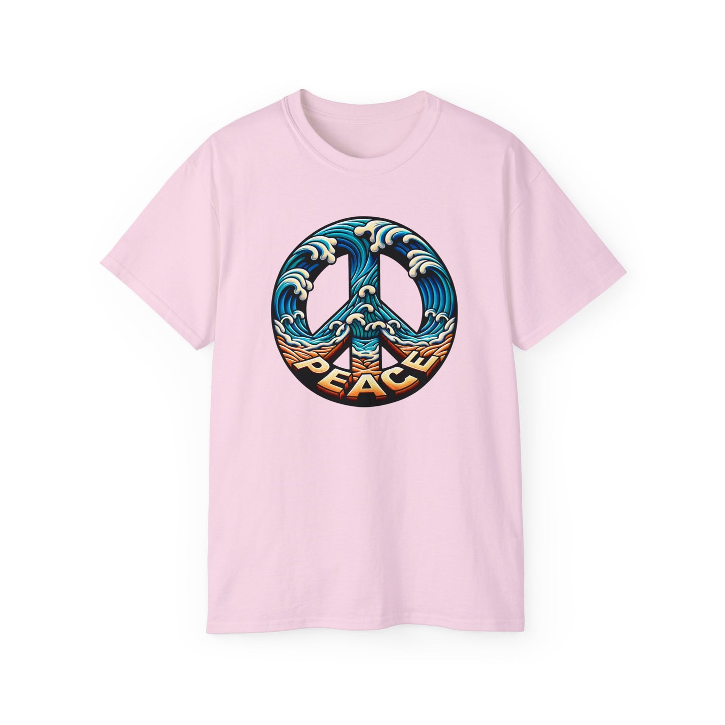 Light pink colored unisex t-shirt of Tranquil shoreline design with peace symbol created by waves and sand, showcasing the Peace Please Thanks brand name in seaside themed illustration