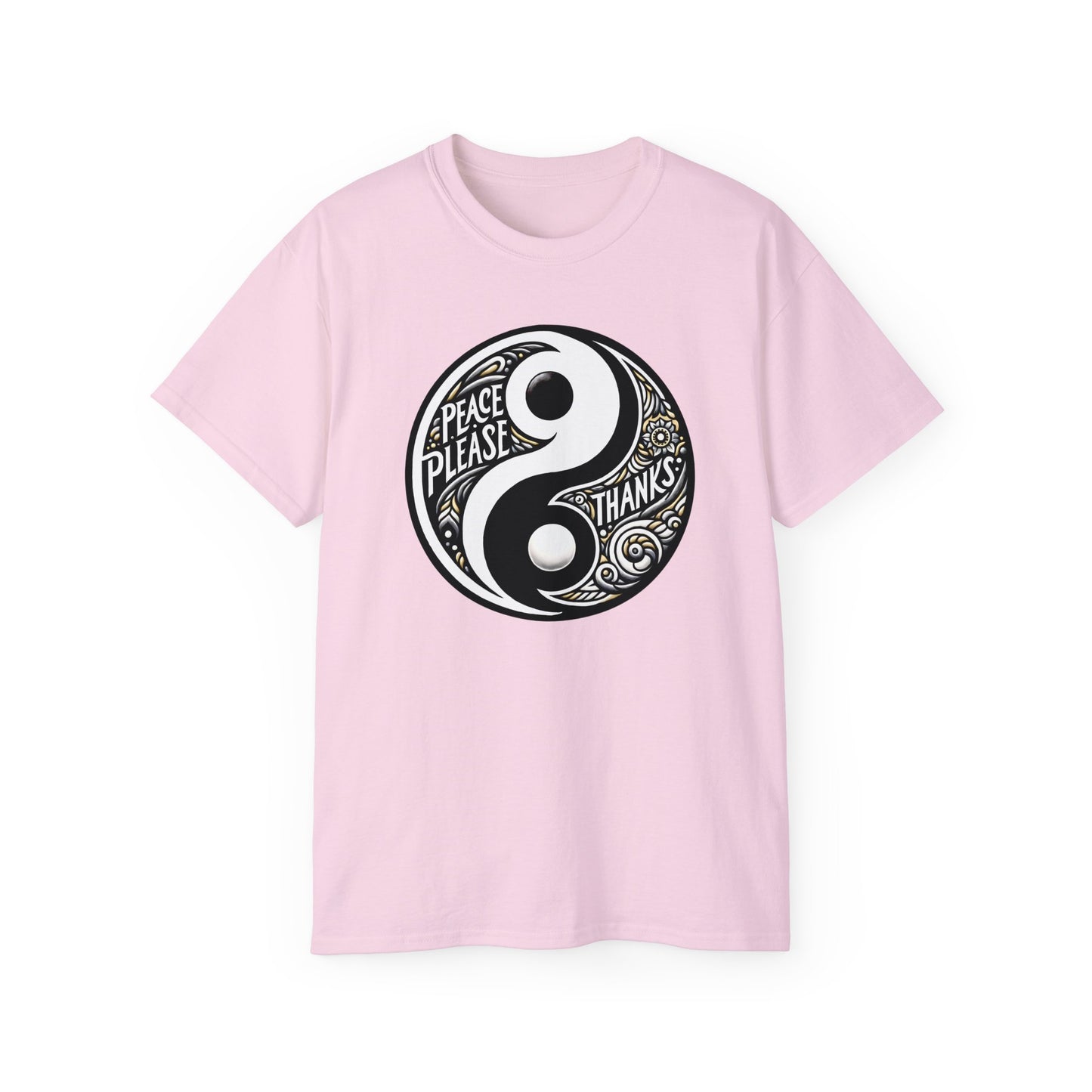 light pink Unisex T-shirt featuring "Peace Please Thanks" in a striking Yin Yang Balance design, Black and white contrast with golden accents and artistic typography